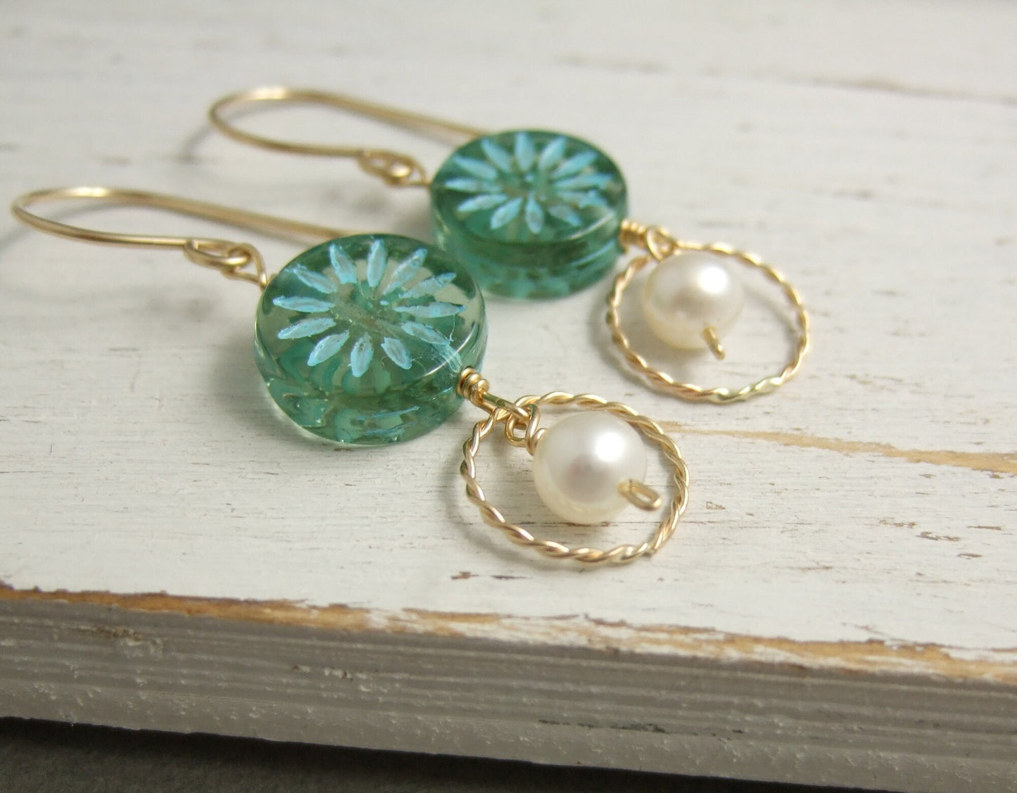 Earrings with Blue Green Flowered Czech Glass Beads, 14k Gold-Filled Loops,  and Pearls Wire Wrapped to 14k Gold-Filled Earring Wires GCE-20