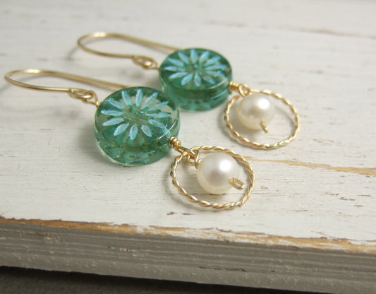 Earrings with Blue Green Flowered Czech Glass Beads, 14k Gold-Filled Loops,  and Pearls Wire Wrapped to 14k Gold-Filled Earring Wires GCE-20