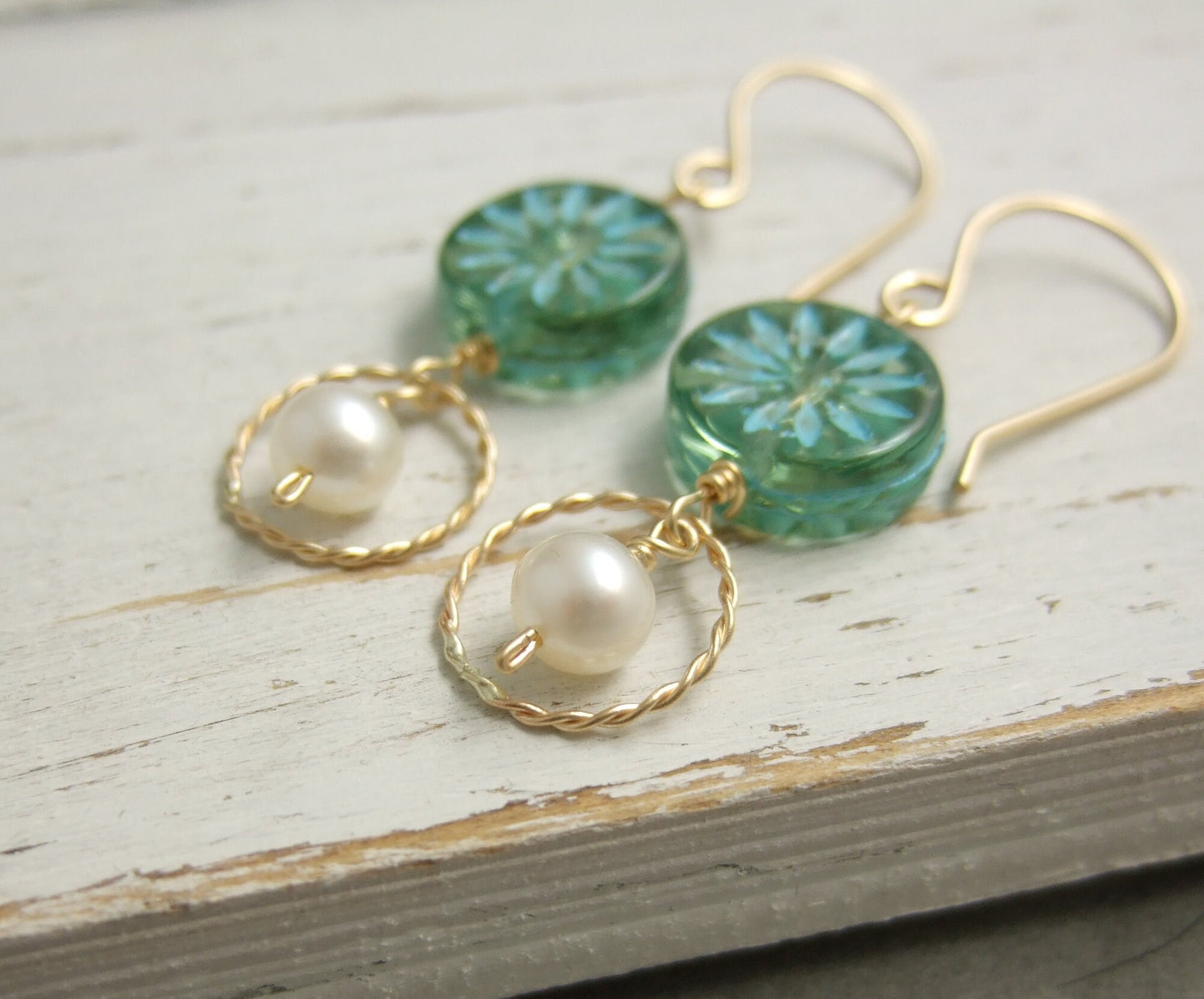 Earrings with Blue Green Flowered Czech Glass Beads, 14k Gold-Filled Loops,  and Pearls Wire Wrapped to 14k Gold-Filled Earring Wires GCE-20