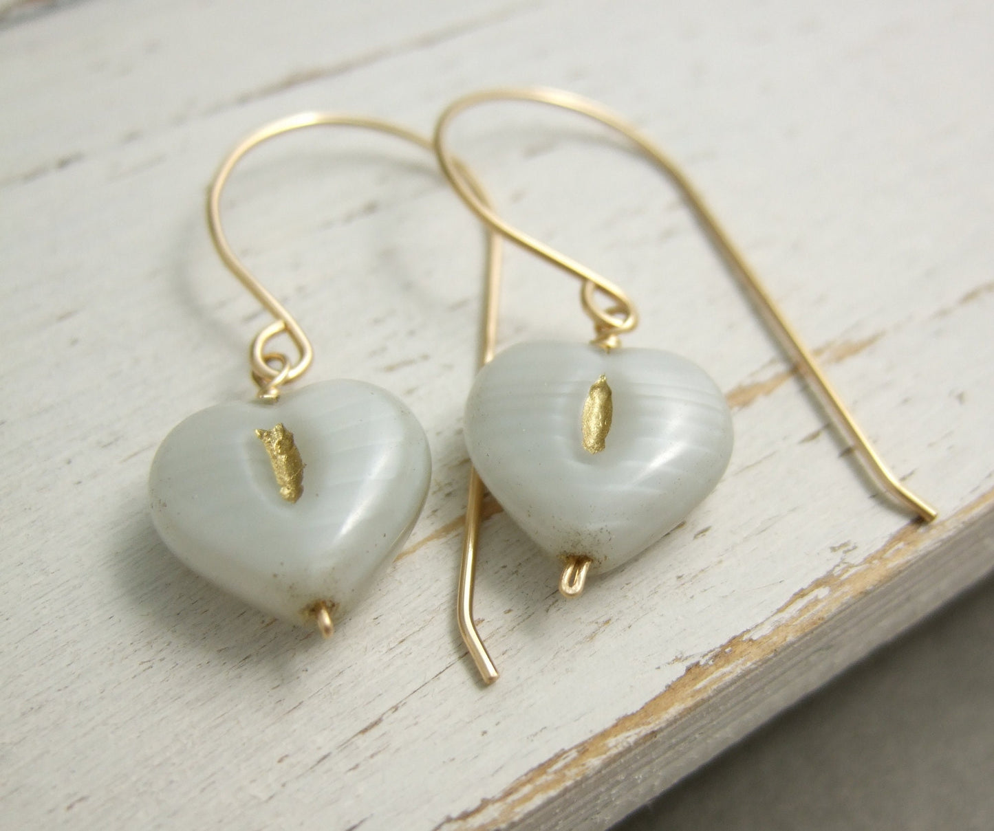 Earrings with Gray and Gold, Czech Glass Heart Beads Wire Wrapped with Gold Filled Wire to Gold Filled Earring Wires GHE-88