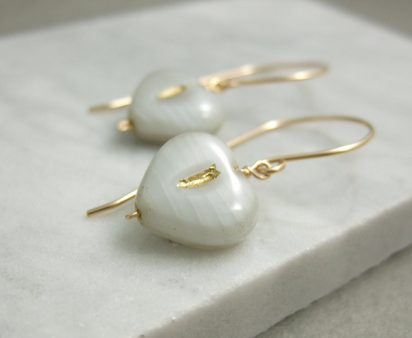 Earrings with Gray and Gold, Czech Glass Heart Beads Wire Wrapped with Gold Filled Wire to Gold Filled Earring Wires GHE-88