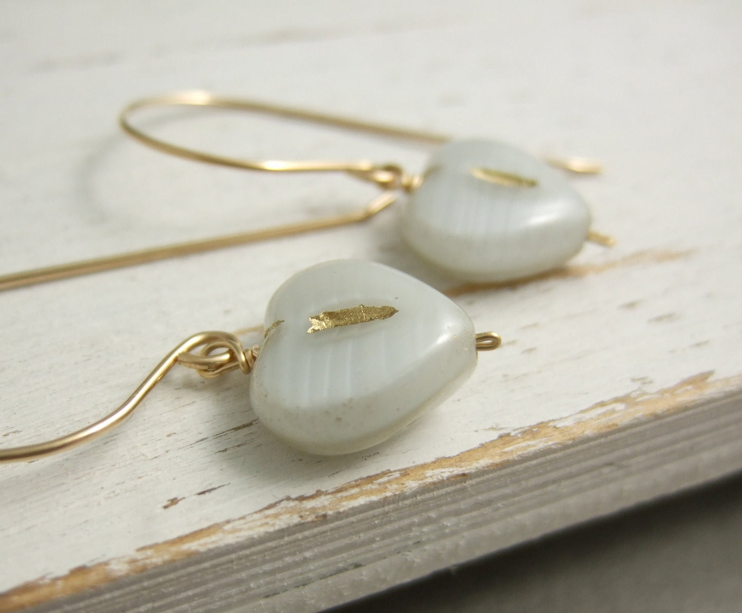 Earrings with Gray and Gold, Czech Glass Heart Beads Wire Wrapped with Gold Filled Wire to Gold Filled Earring Wires GHE-88