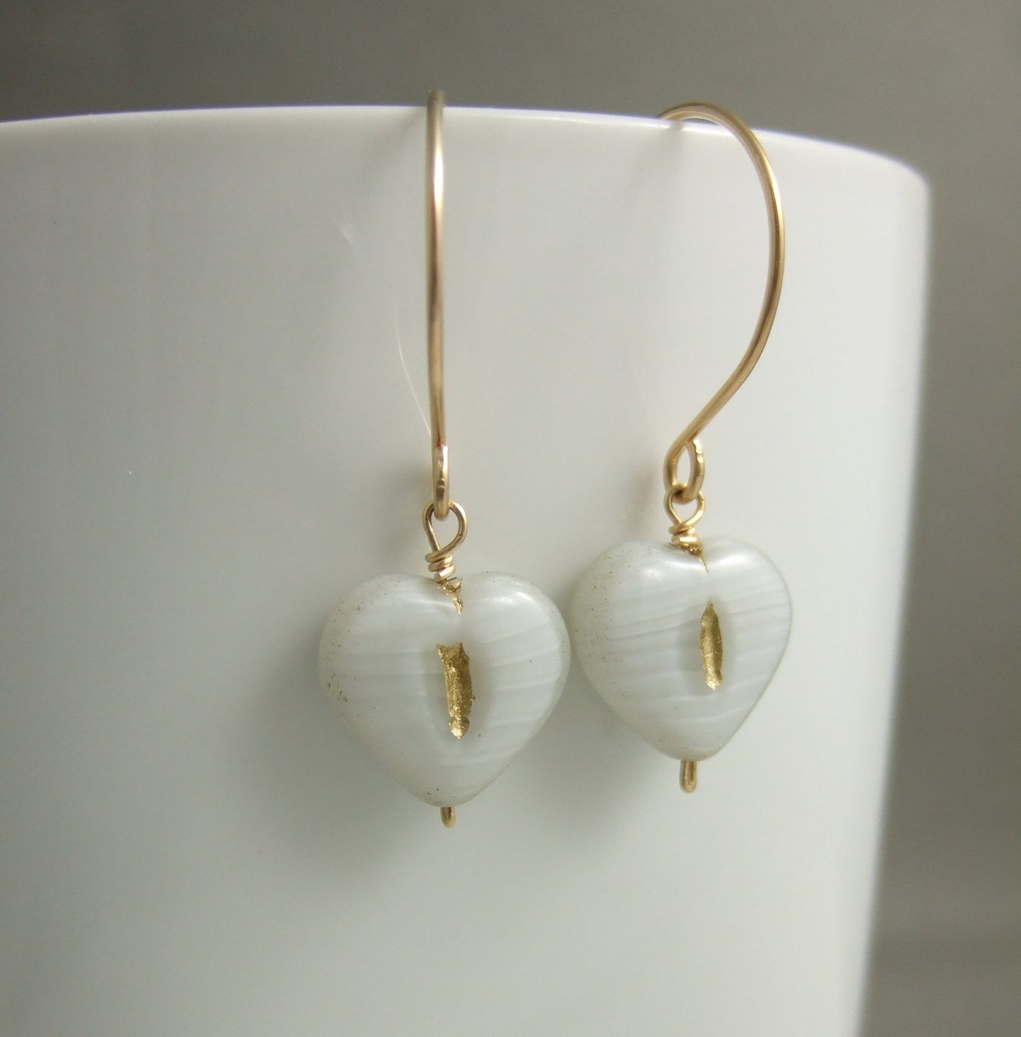 Earrings with Gray and Gold, Czech Glass Heart Beads Wire Wrapped with Gold Filled Wire to Gold Filled Earring Wires GHE-88