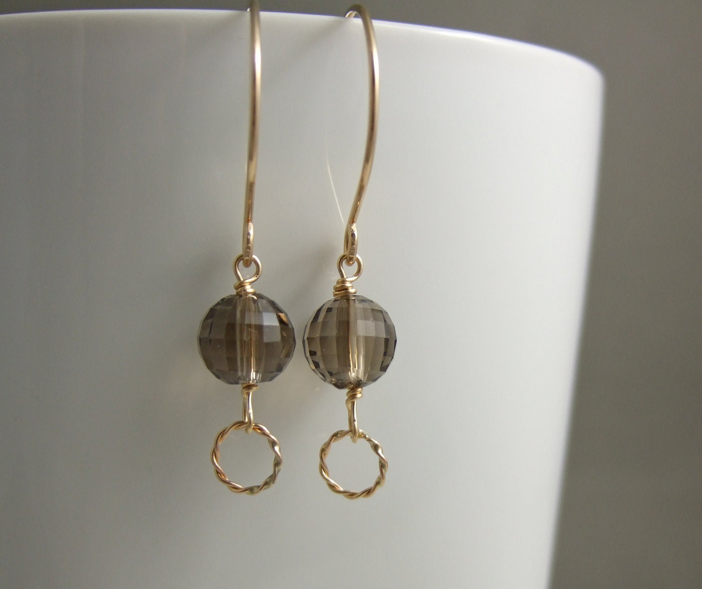 Earrings with Round, Faceted Smokey Quartz Beads and 14 K Gold Filled Braided Loops Wire Wrapped with 14 K Gold Filled Wire GHE-103