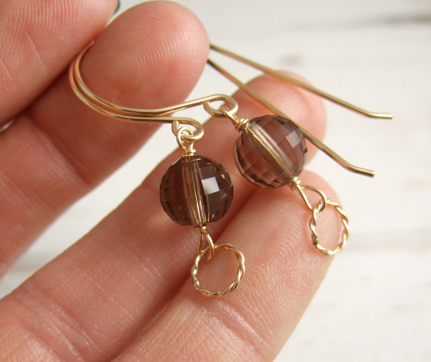 Earrings with Round, Faceted Smokey Quartz Beads and 14 K Gold Filled Braided Loops Wire Wrapped with 14 K Gold Filled Wire GHE-103