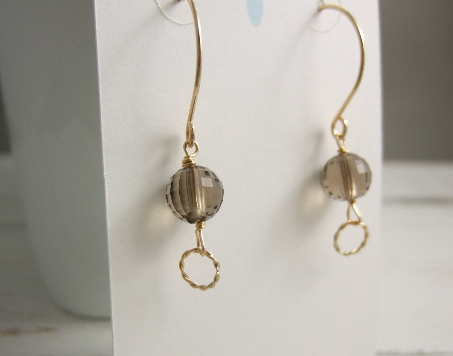 Earrings with Round, Faceted Smokey Quartz Beads and 14 K Gold Filled Braided Loops Wire Wrapped with 14 K Gold Filled Wire GHE-103