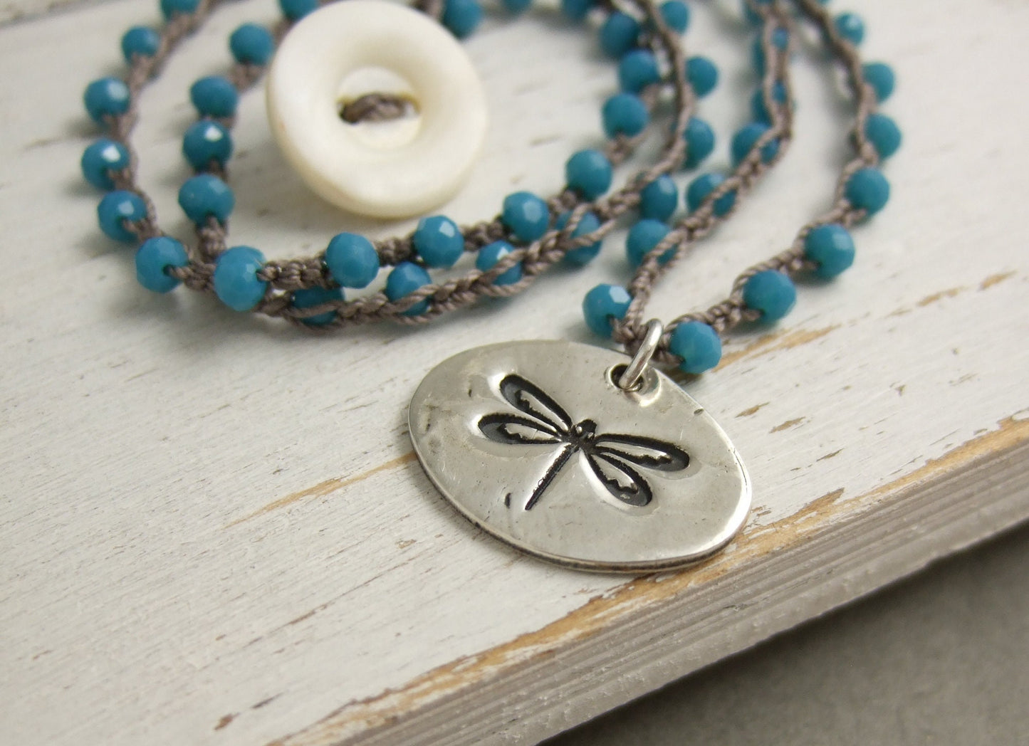 Crocheted Necklace with a Brown Cord, Blue Crystal Beads and an Oval, PMC Pendant with a Dragonfly SN-508