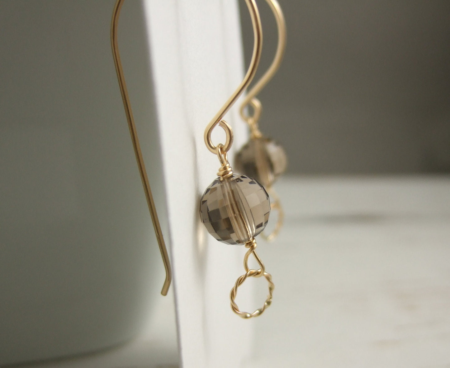 Earrings with Round, Faceted Smokey Quartz Beads and 14 K Gold Filled Braided Loops Wire Wrapped with 14 K Gold Filled Wire GHE-103