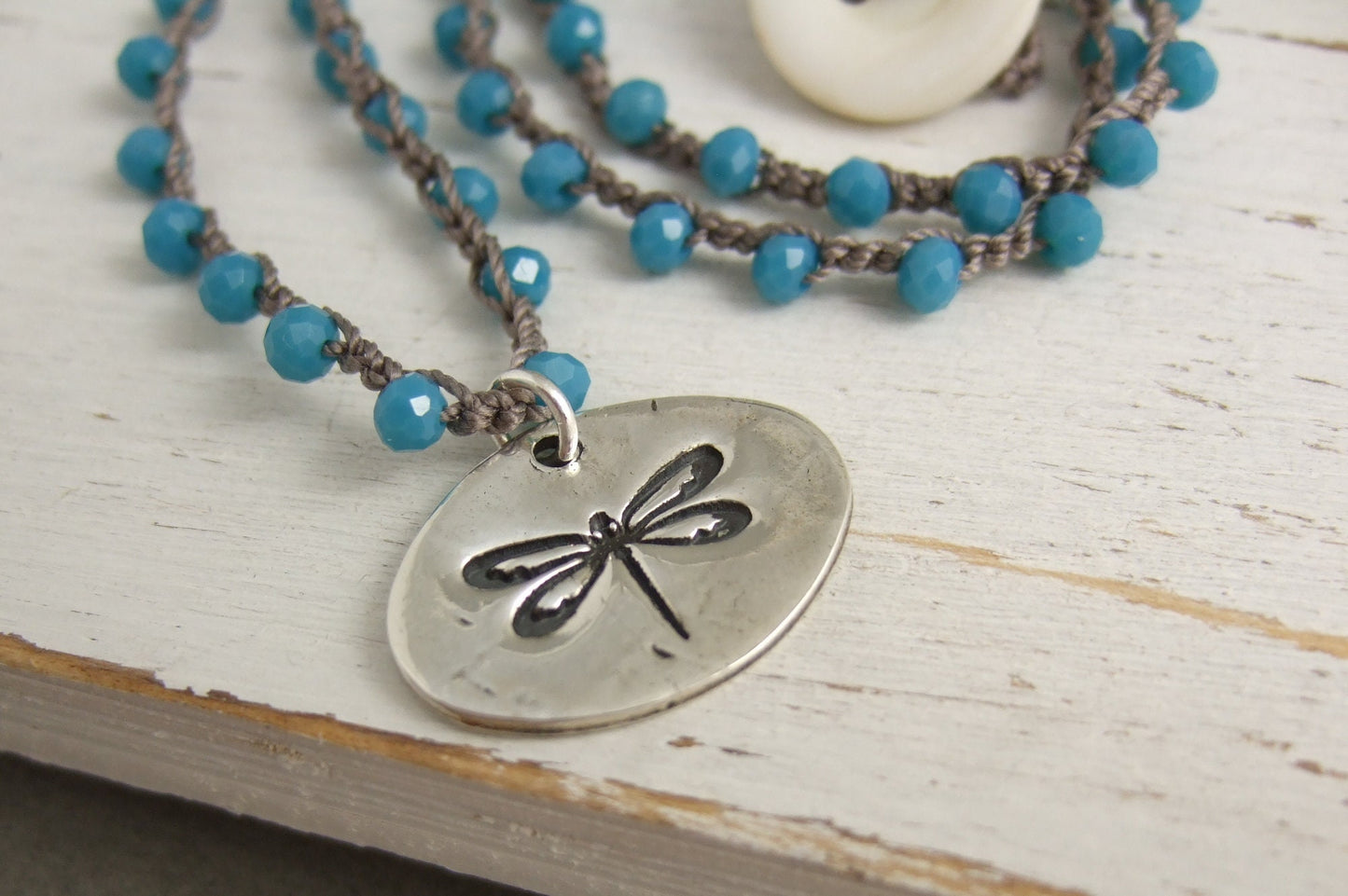 Crocheted Necklace with a Brown Cord, Blue Crystal Beads and an Oval, PMC Pendant with a Dragonfly SN-508