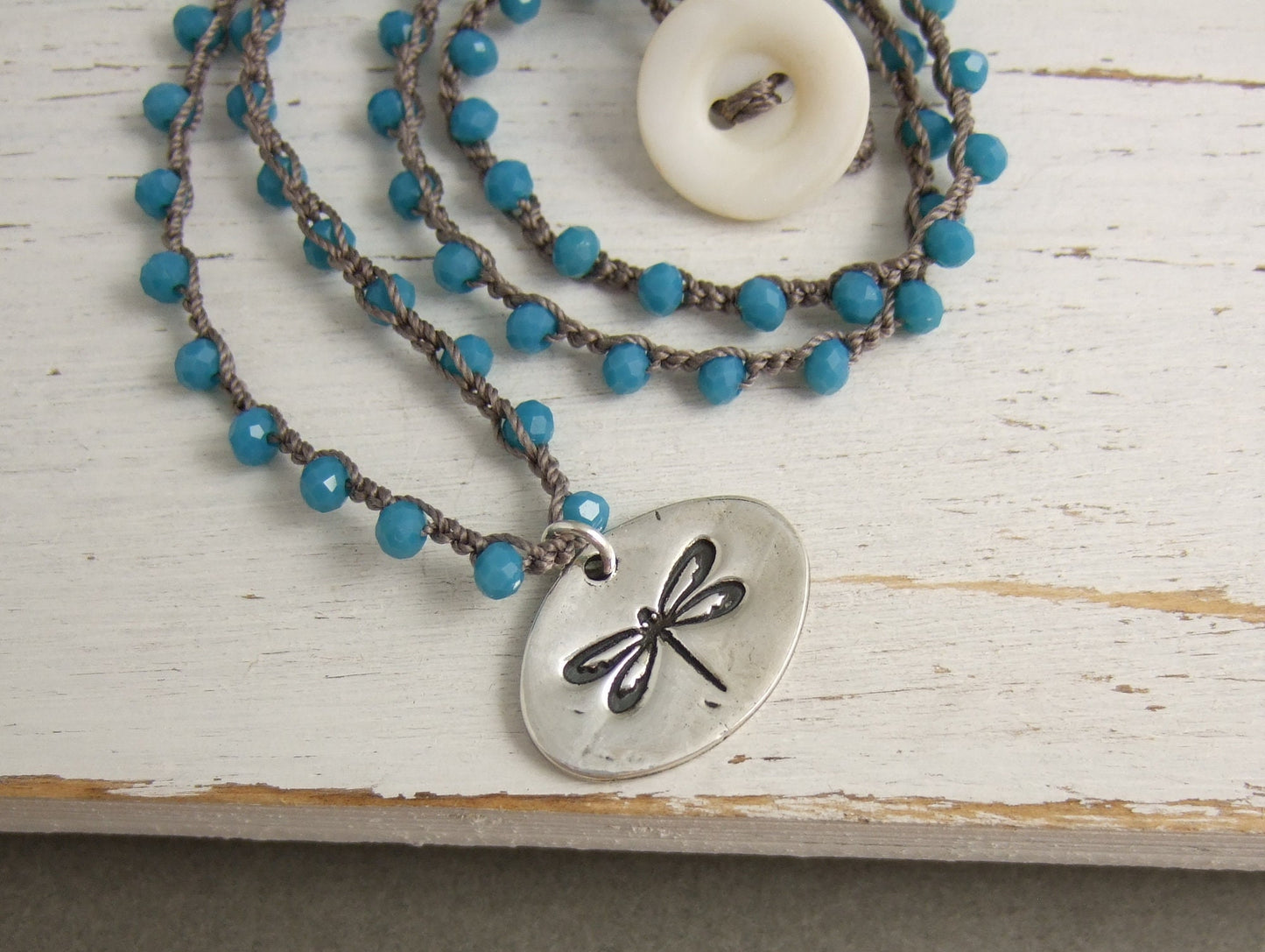 Crocheted Necklace with a Brown Cord, Blue Crystal Beads and an Oval, PMC Pendant with a Dragonfly SN-508