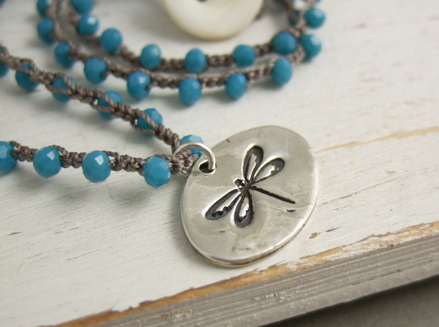 Crocheted Necklace with a Brown Cord, Blue Crystal Beads and an Oval, PMC Pendant with a Dragonfly SN-508