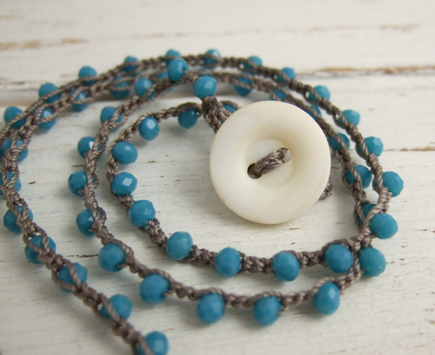 Crocheted Necklace with a Brown Cord, Blue Crystal Beads and an Oval, PMC Pendant with a Dragonfly SN-508