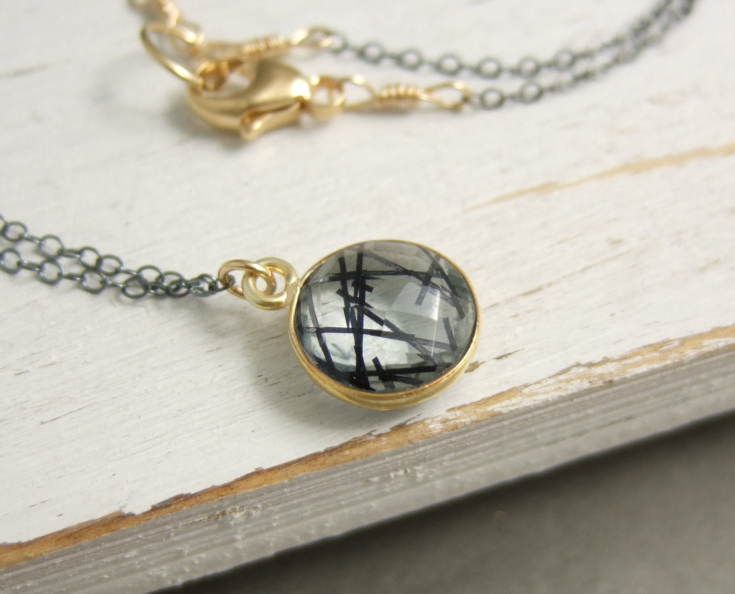Necklace with a Gold, Bezel Set Rutilated Quartz on an Oxidized, Sterling Silver Cable Chain GCDN-109