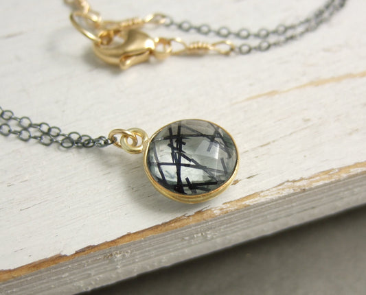 Necklace with a Gold, Bezel Set Rutilated Quartz on an Oxidized, Sterling Silver Cable Chain GCDN-109