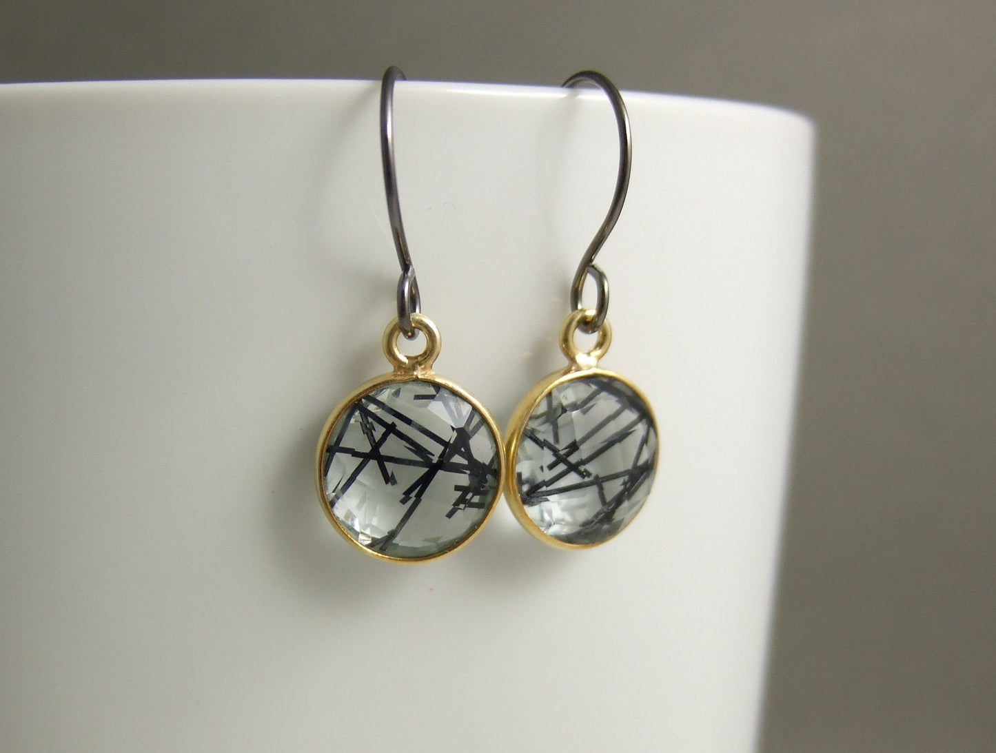 Earrings with Gold Bezel Set Rutilated Quartz on Handmade, Oxidized, Sterling Silver Earring Wires GHE-107