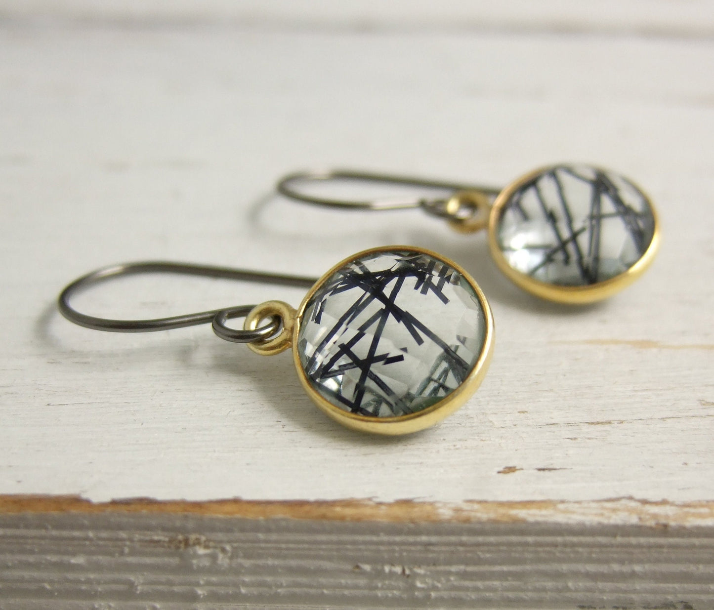 Earrings with Gold Bezel Set Rutilated Quartz on Handmade, Oxidized, Sterling Silver Earring Wires GHE-107