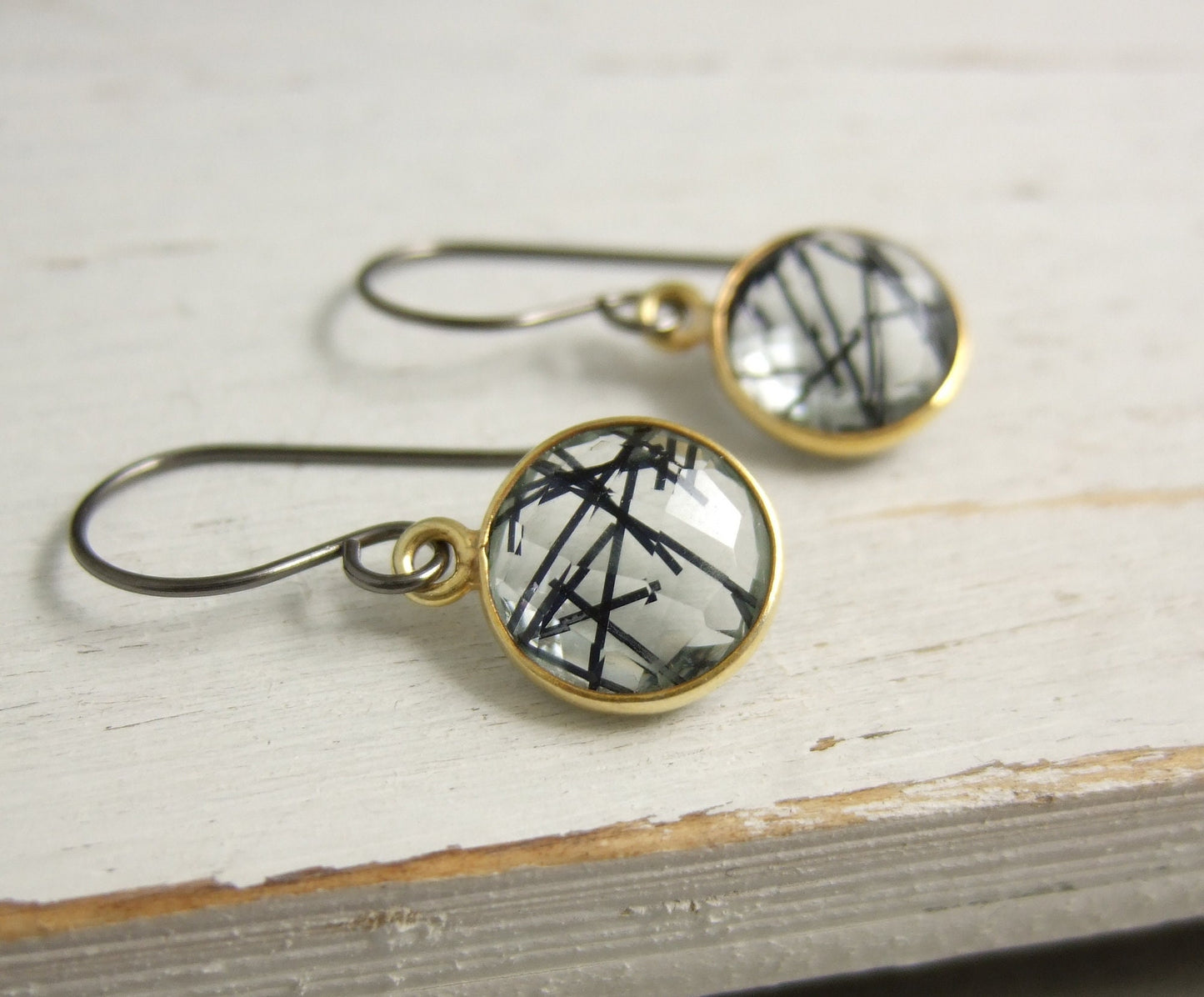 Earrings with Gold Bezel Set Rutilated Quartz on Handmade, Oxidized, Sterling Silver Earring Wires GHE-107