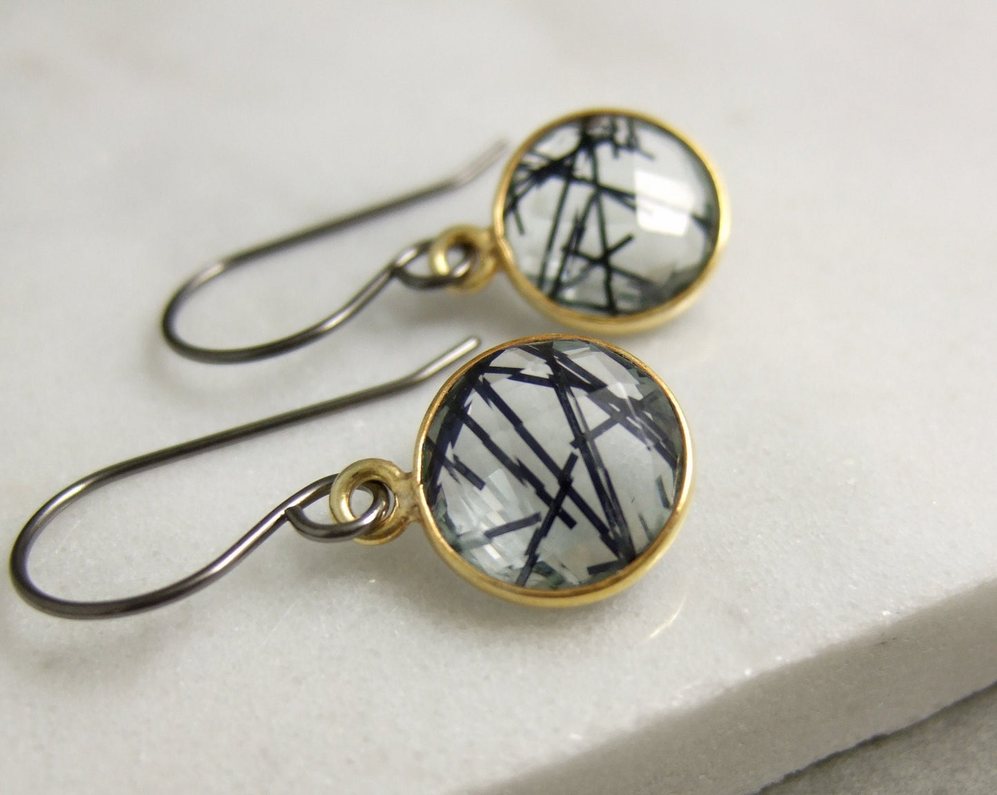 Earrings with Gold Bezel Set Rutilated Quartz on Handmade, Oxidized, Sterling Silver Earring Wires GHE-107