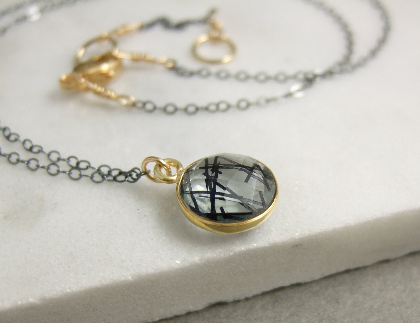 Necklace with a Gold, Bezel Set Rutilated Quartz on an Oxidized, Sterling Silver Cable Chain GCDN-109