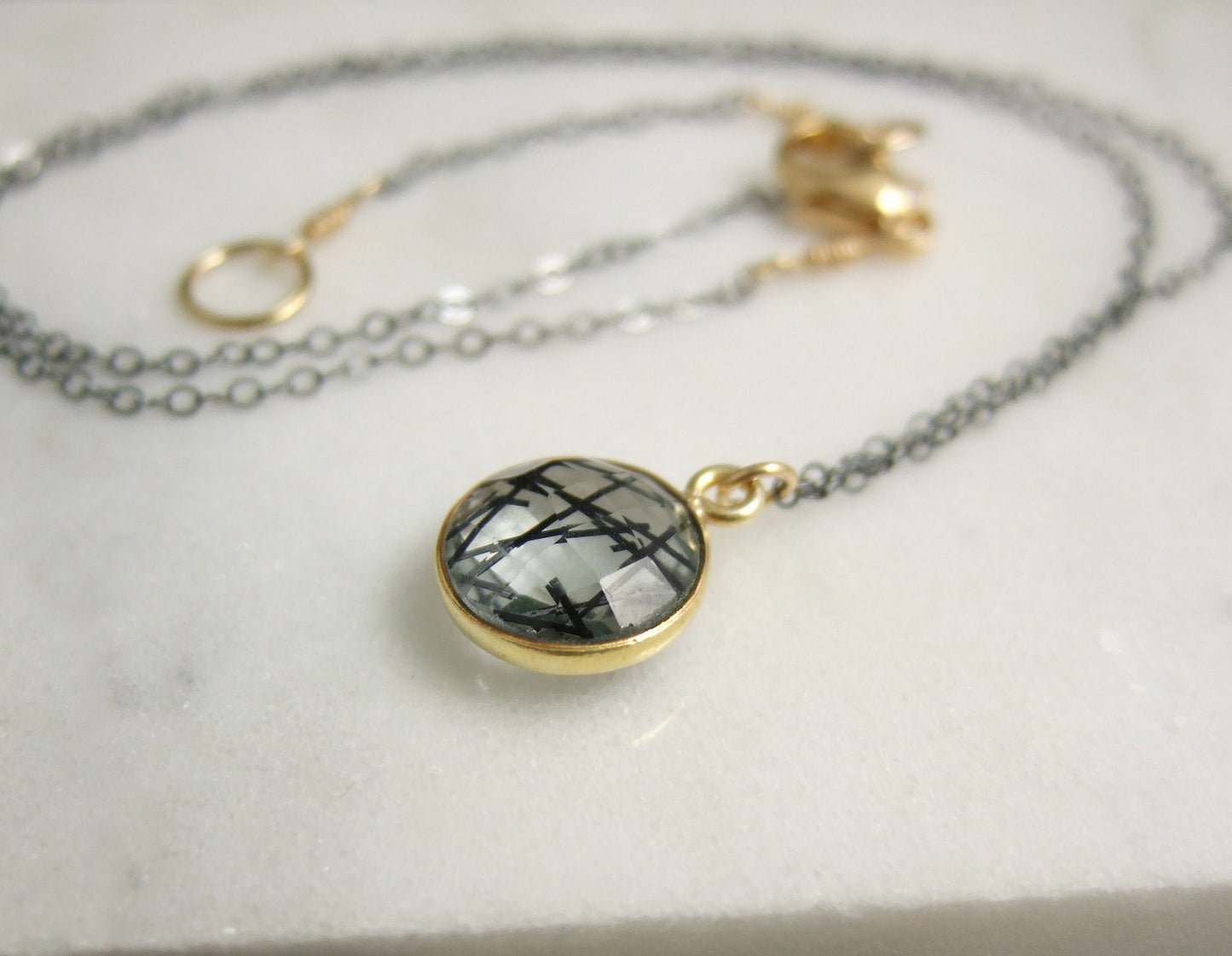 Necklace with a Gold, Bezel Set Rutilated Quartz on an Oxidized, Sterling Silver Cable Chain GCDN-109