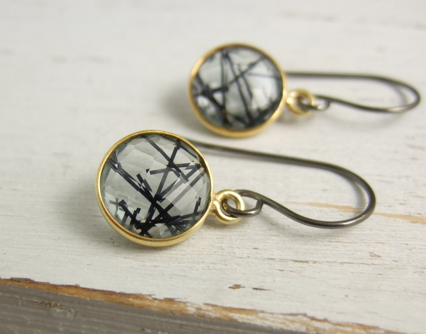 Earrings with Gold Bezel Set Rutilated Quartz on Handmade, Oxidized, Sterling Silver Earring Wires GHE-107