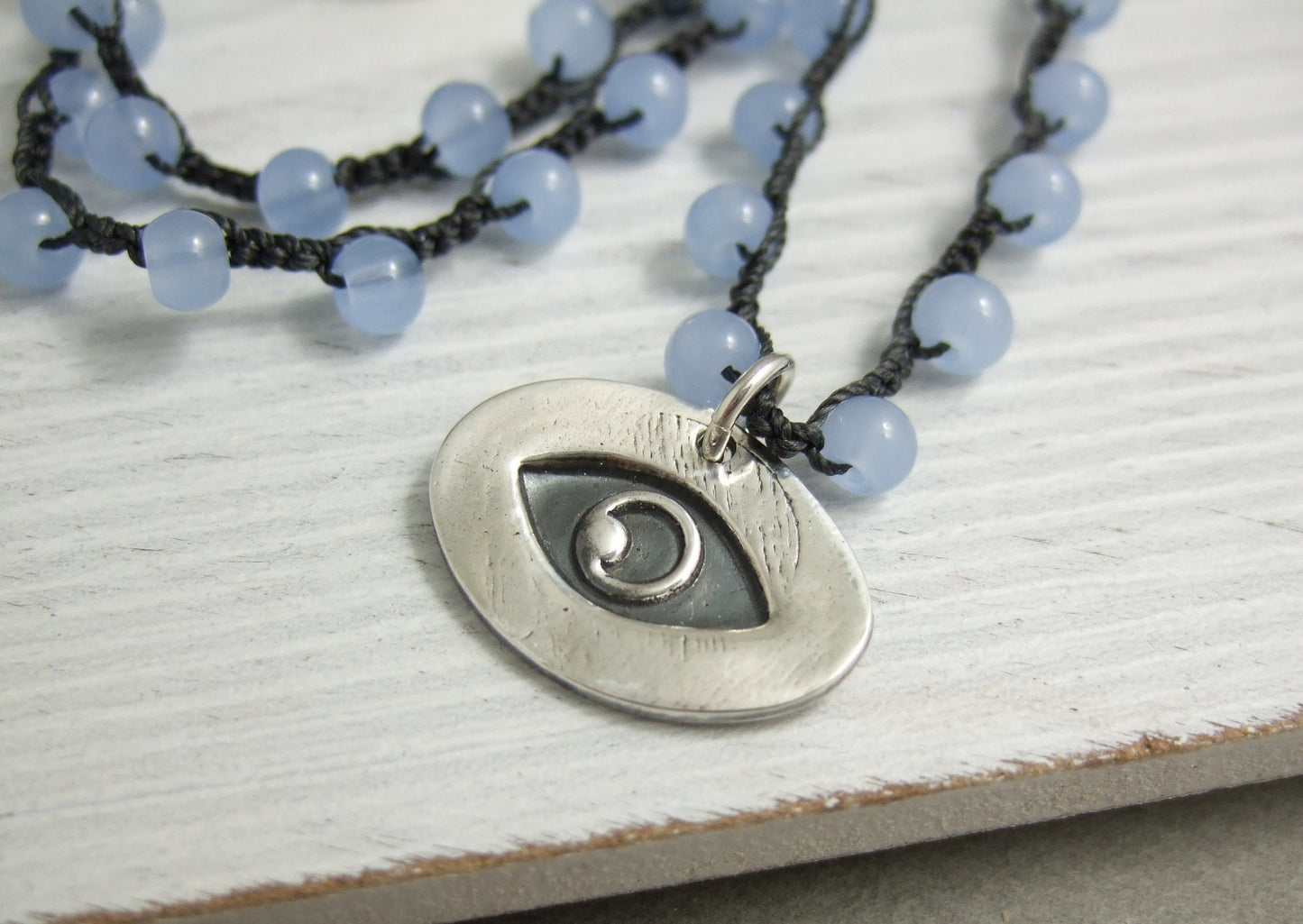 Crocheted Necklace with a Dark Gray Cord, Blue Glass Beads and an Oval, PMC Pendant with an Eye SN-567