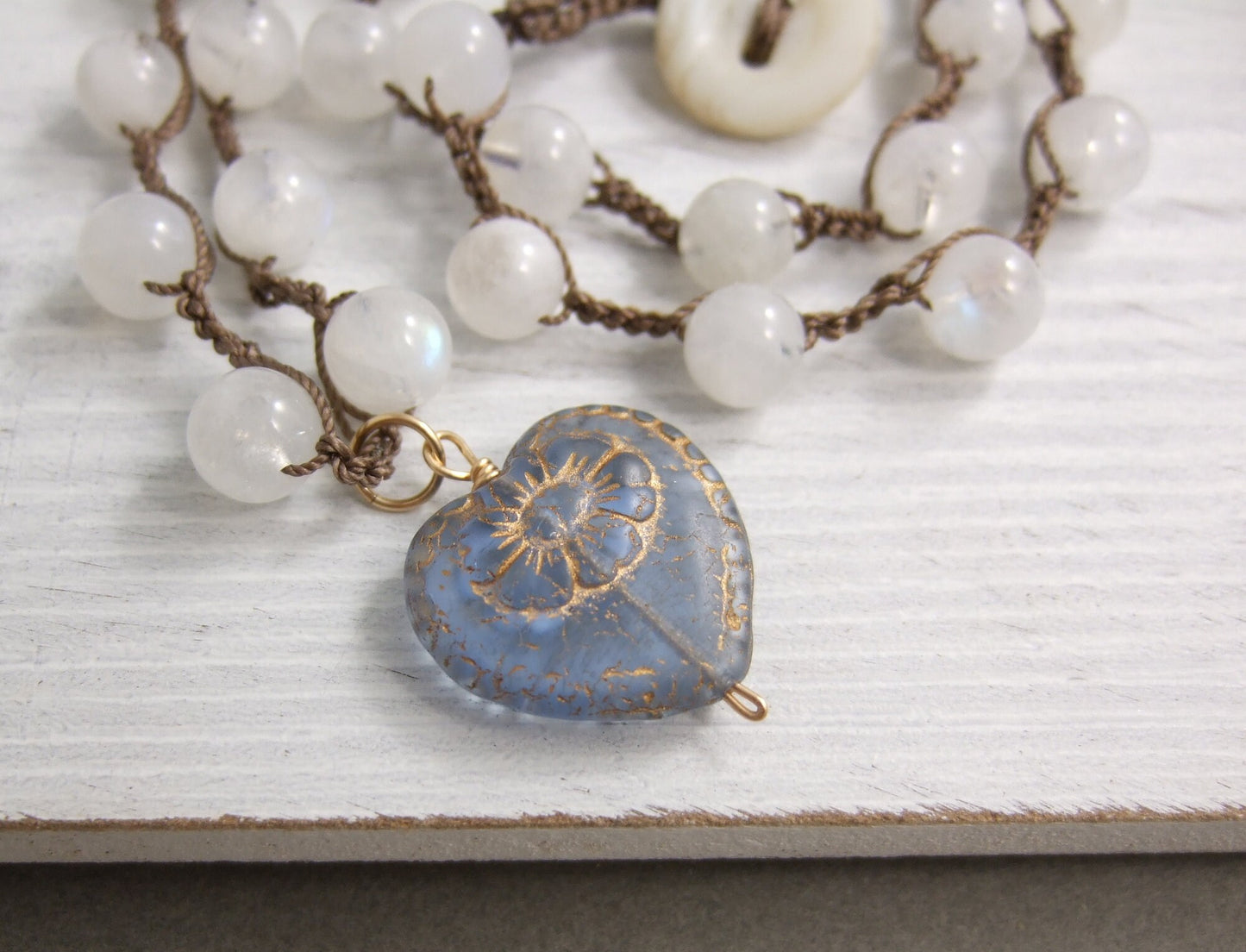 Crocheted Necklace with a Brown Cord, Moonstone Beads, and a Blue and Gold, Czech Glass Heart SN-334