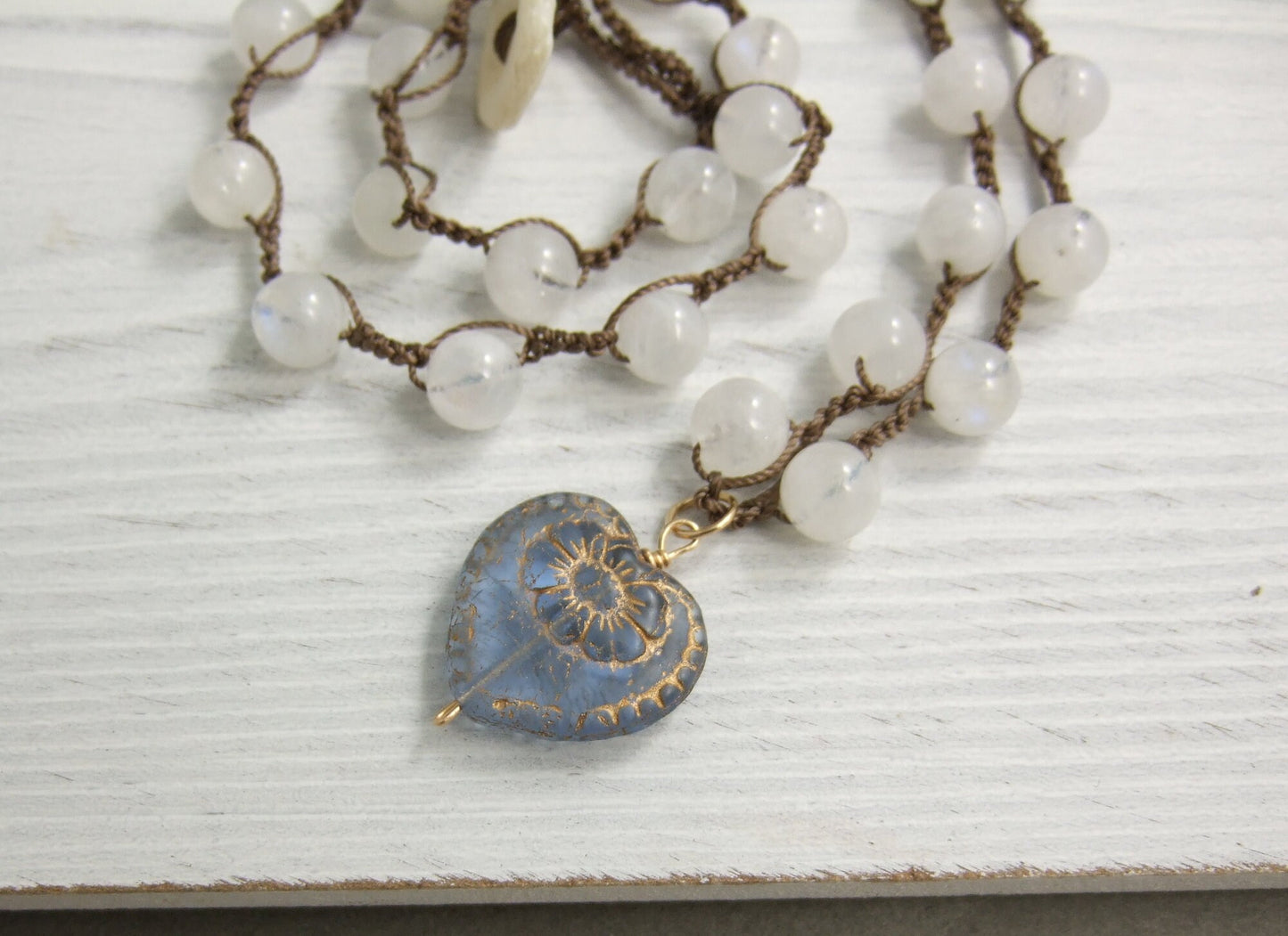 Crocheted Necklace with a Brown Cord, Moonstone Beads, and a Blue and Gold, Czech Glass Heart SN-334
