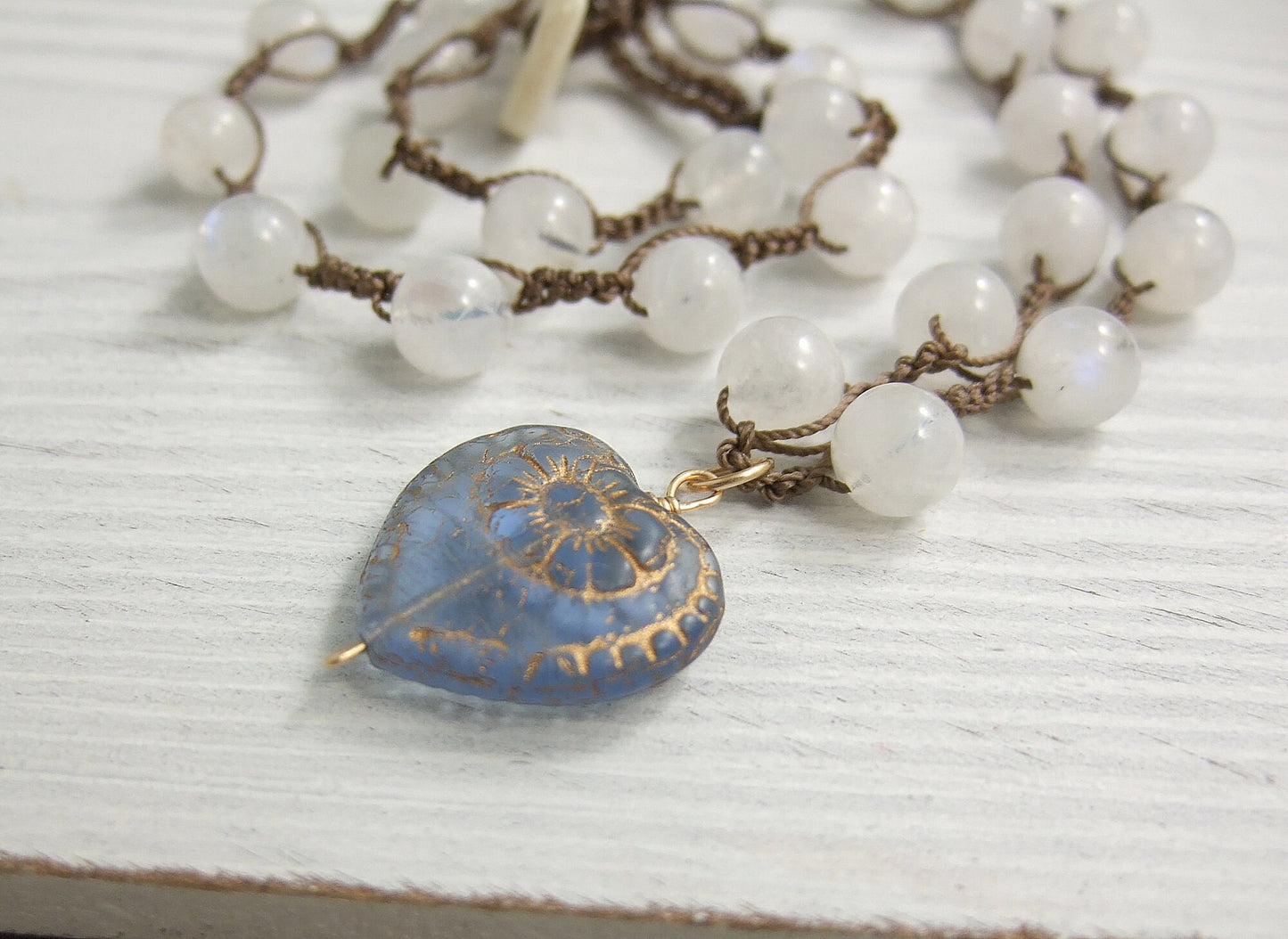 Crocheted Necklace with a Brown Cord, Moonstone Beads, and a Blue and Gold, Czech Glass Heart SN-334