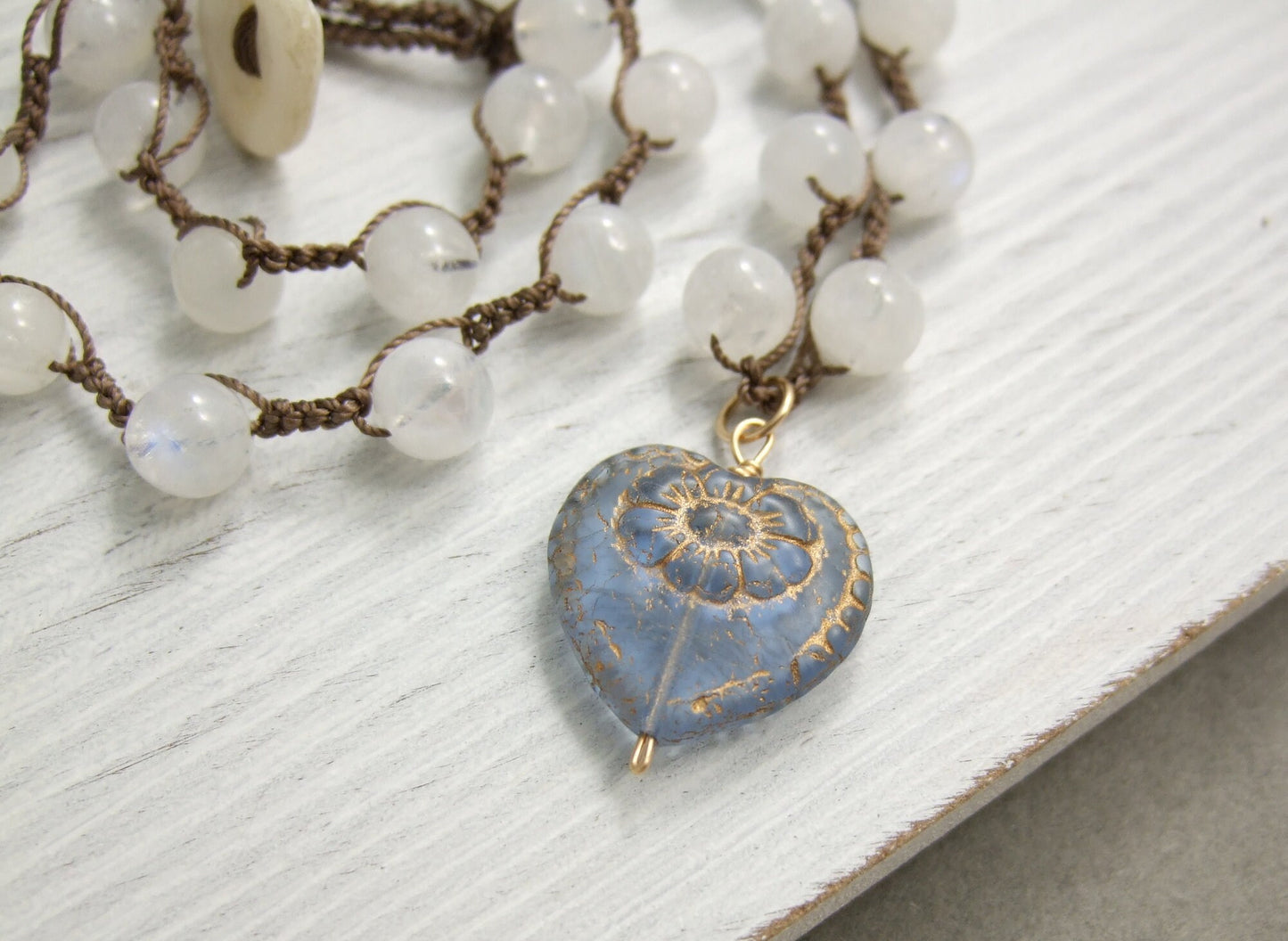 Crocheted Necklace with a Brown Cord, Moonstone Beads, and a Blue and Gold, Czech Glass Heart SN-334