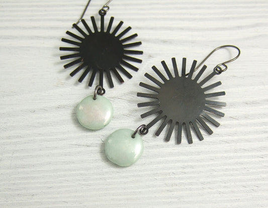 Earrings Made with Oxidized, Sterling Silver Wire, Oxidzied Brass Sun Bursts and Pale Green Czech Glass SBRE-8