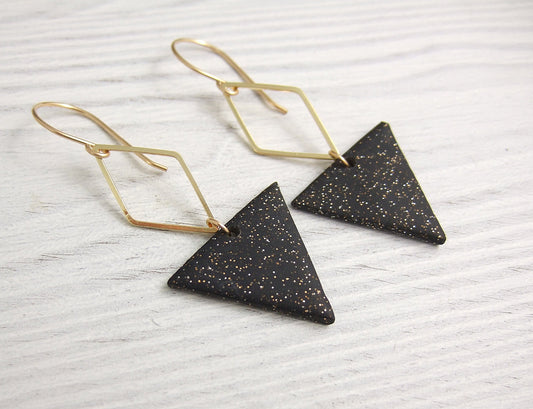 Earrings made with Triangles of Sparkly, Black Polymer Clay and Brass Diamonds on 14k Gold Filled Earring Wires PCE-84