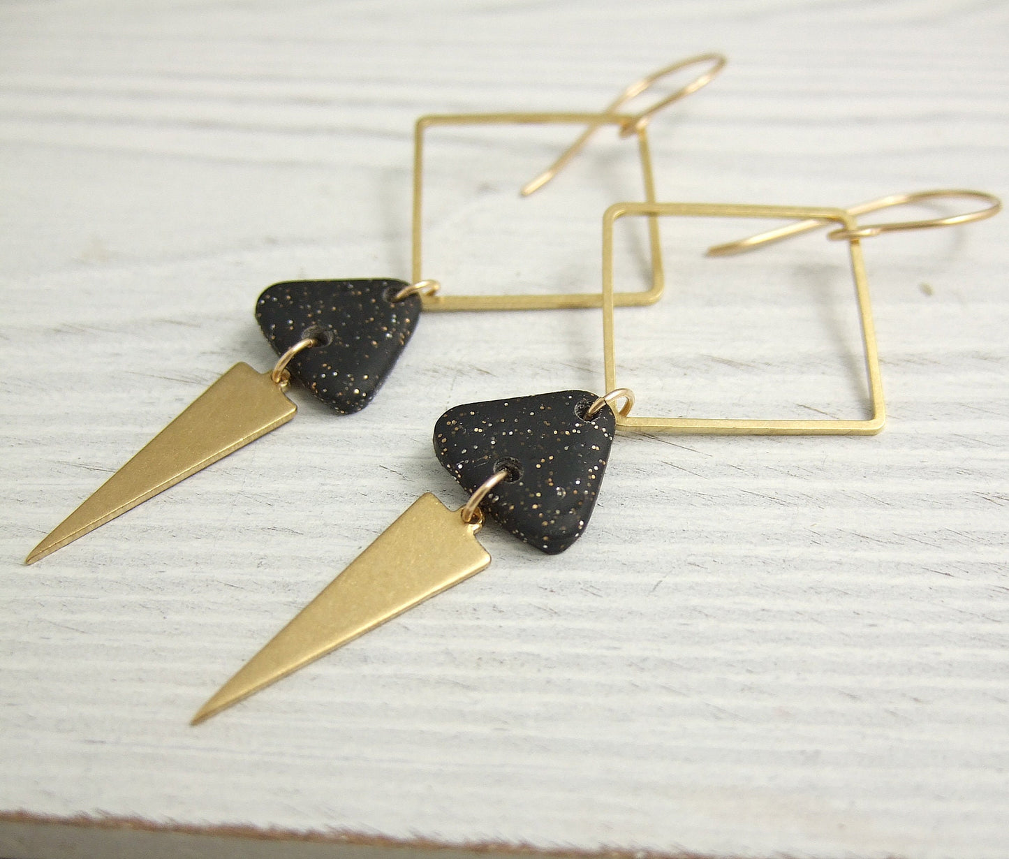Earrings made with Triangles of Sparkly, Black Polymer Clay, Brass Triangles and Brass Squares on 14k Gold Filled Earring Wires PCE-59
