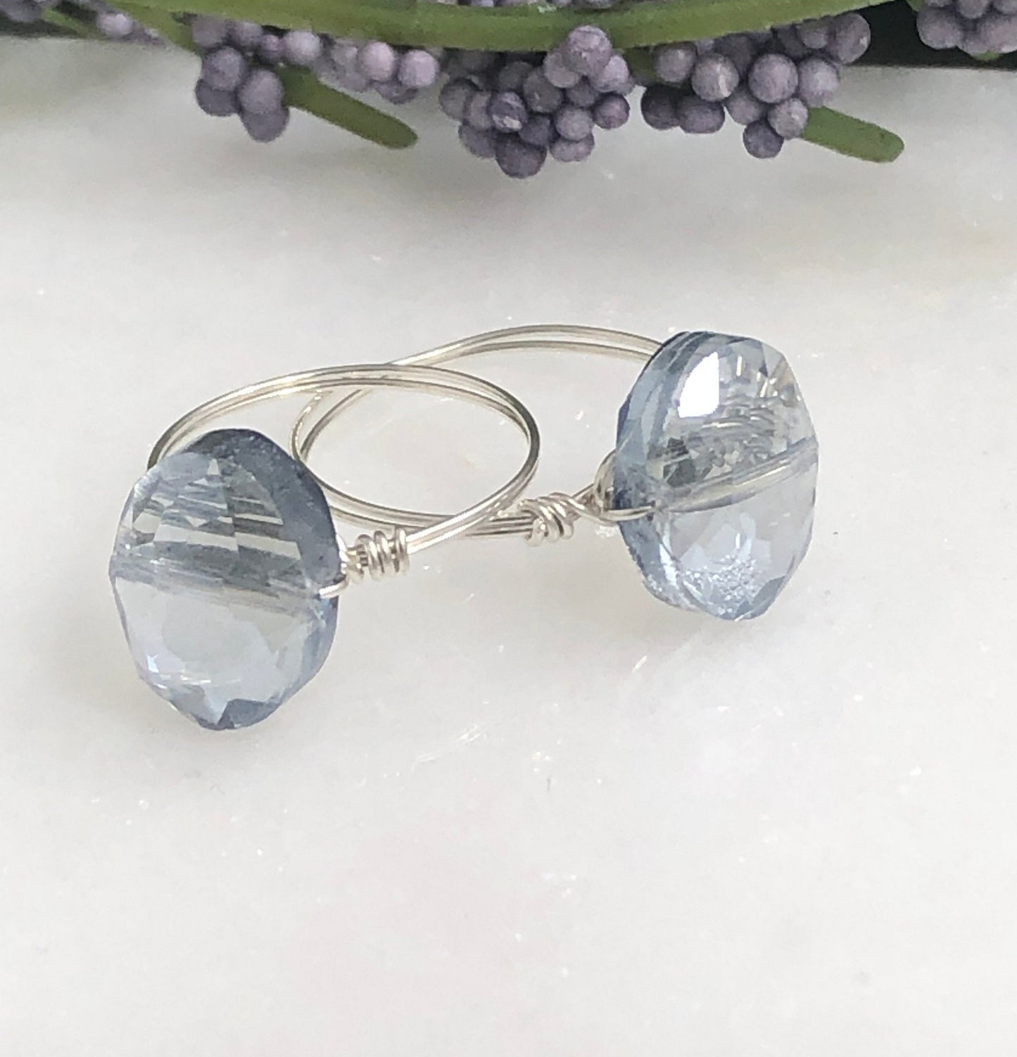 Sterling Silver Wire Wrapped Ring with a Gray Blue, Crystal Bead SR-5
