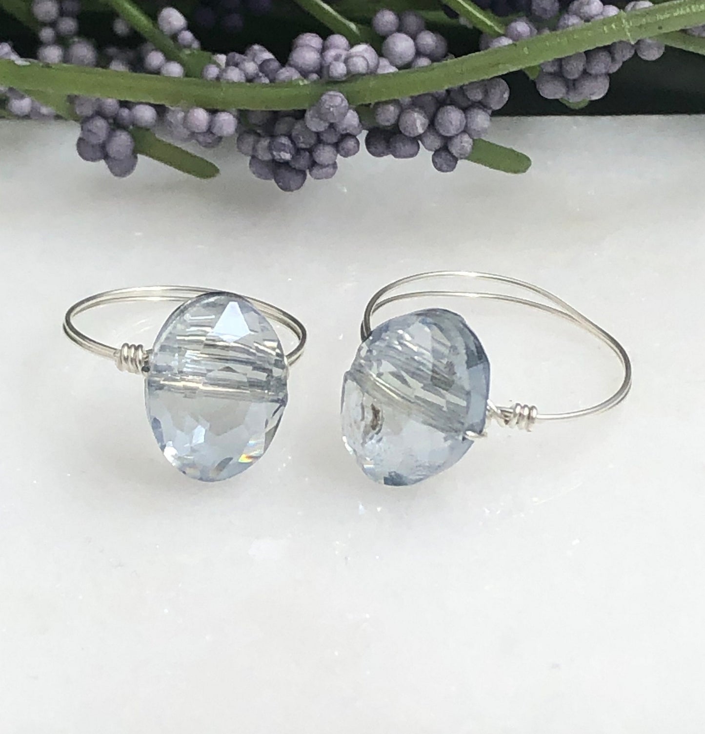 Sterling Silver Wire Wrapped Ring with a Gray Blue, Crystal Bead SR-5