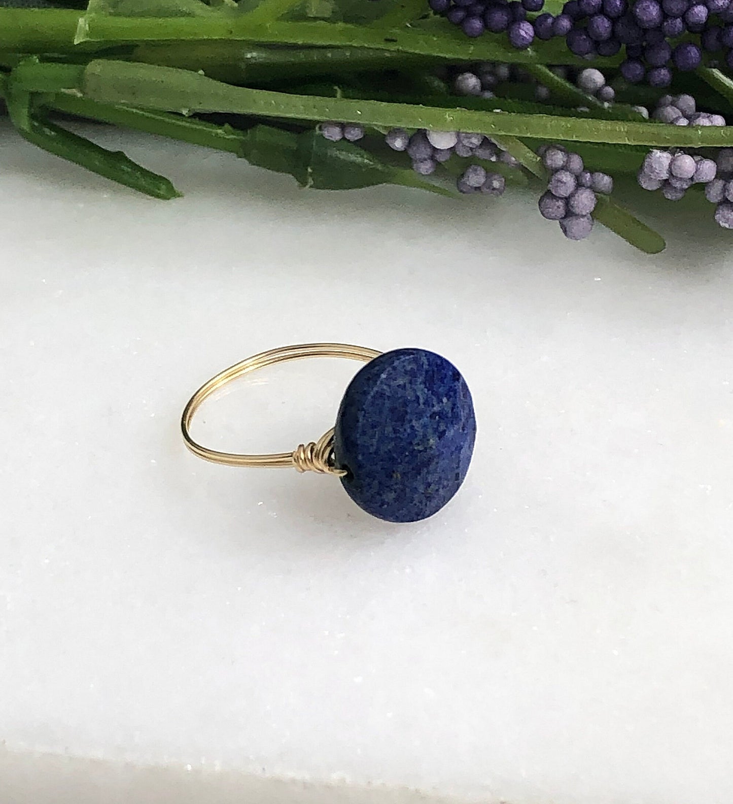 14k Gold Filled Wire Wrapped Ring with a Single, Flat, Round Lapis Lazuli GR-6