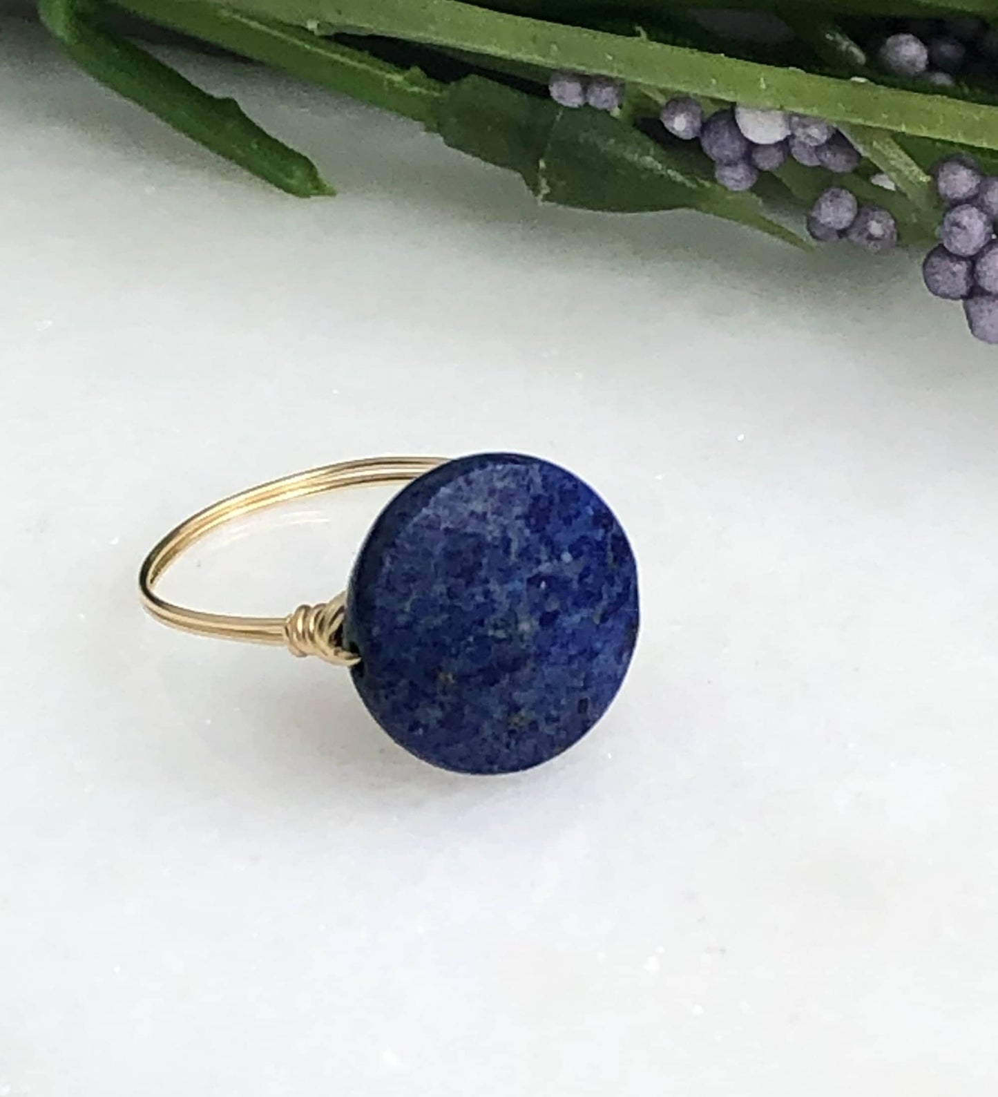 14k Gold Filled Wire Wrapped Ring with a Single, Flat, Round Lapis Lazuli GR-6