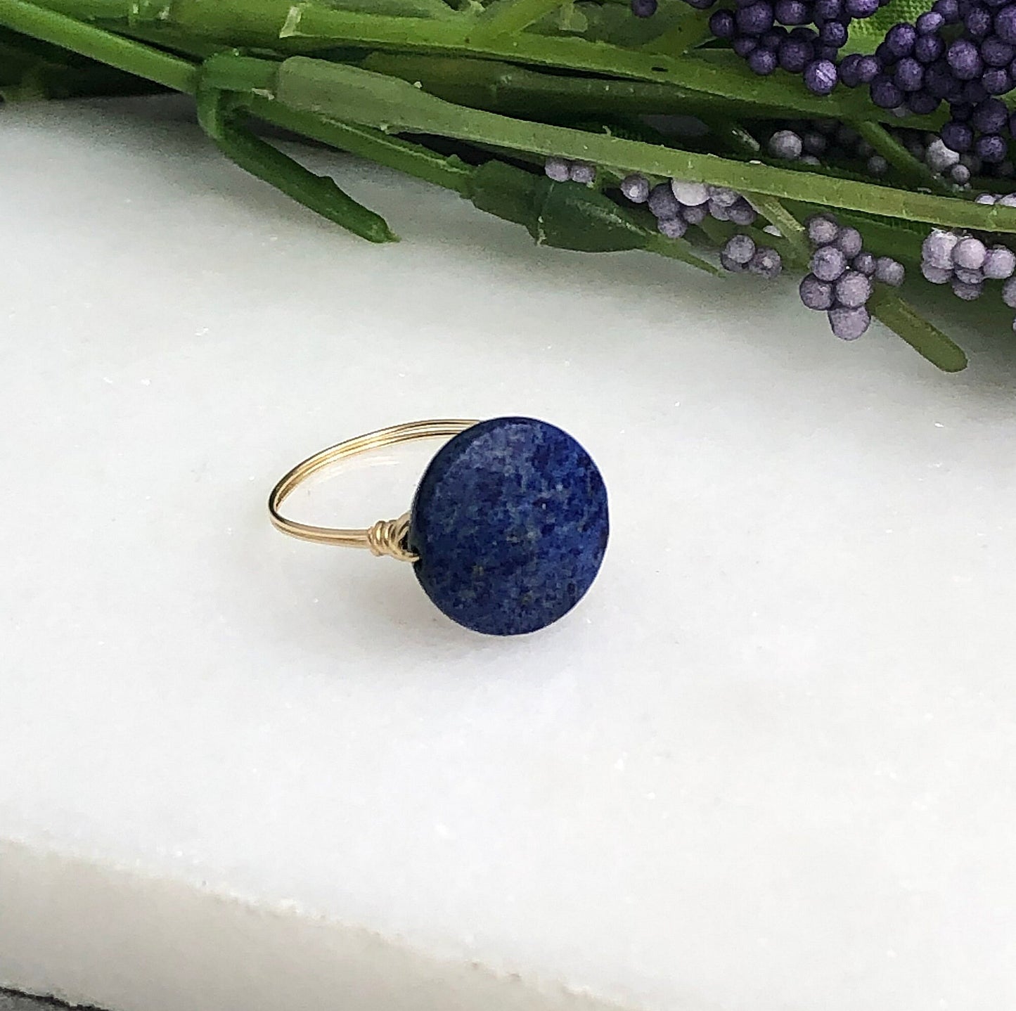 14k Gold Filled Wire Wrapped Ring with a Single, Flat, Round Lapis Lazuli GR-6