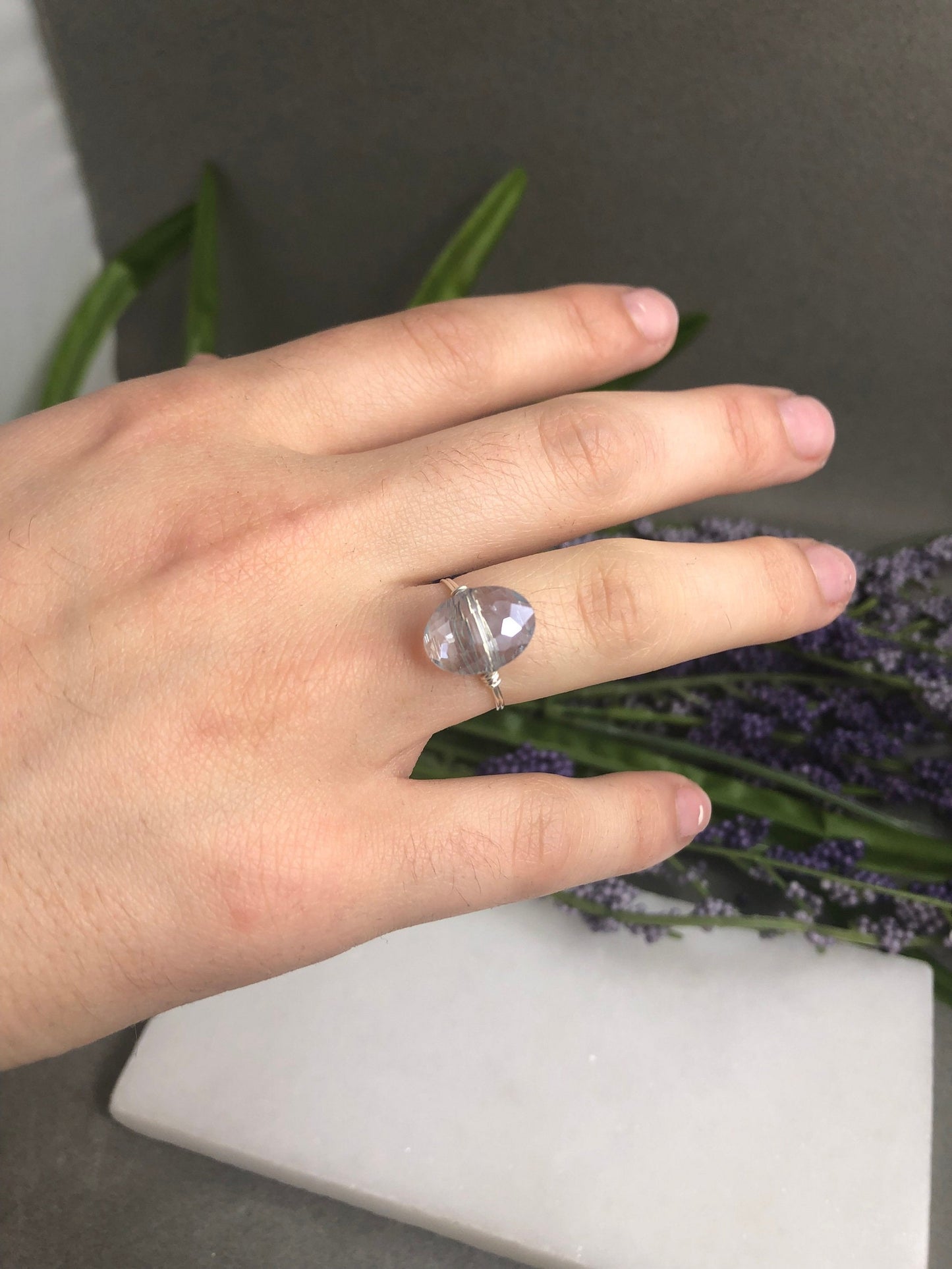 Sterling Silver Wire Wrapped Ring with a Gray Blue, Crystal Bead SR-5