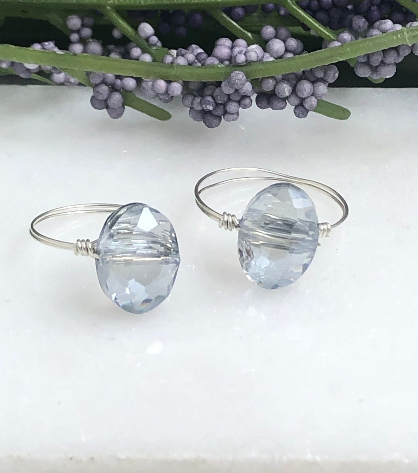 Sterling Silver Wire Wrapped Ring with a Gray Blue, Crystal Bead SR-5