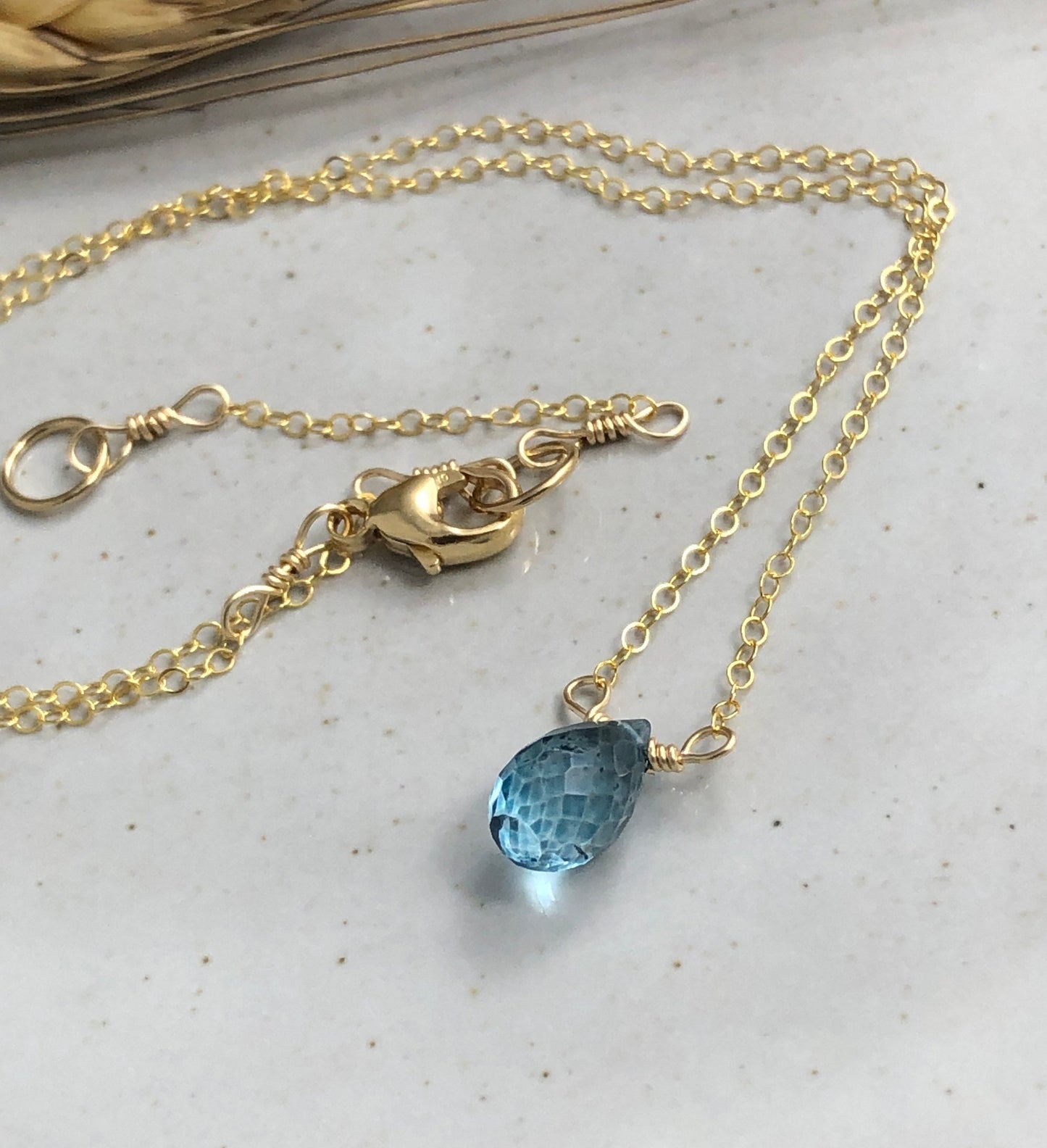 Necklace with a London Blue Quartz, Faceted Teardrop on a Gold Filled Chain GCDN-128