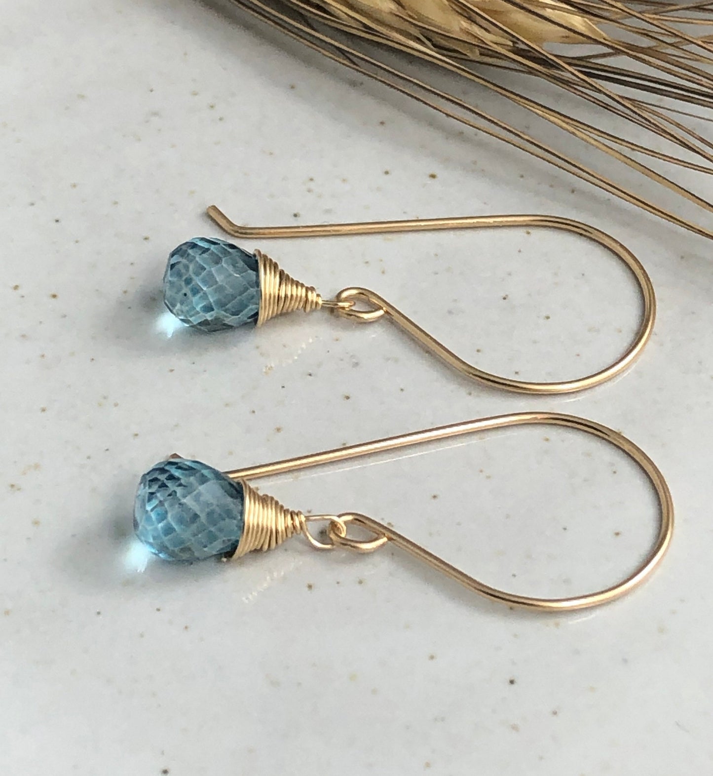 Earrings with London Blue Quartz Teardrops Wire Wrapped with 14k Gold-Filled Wire on 14k Gold Filled Earring Wires GHE-124