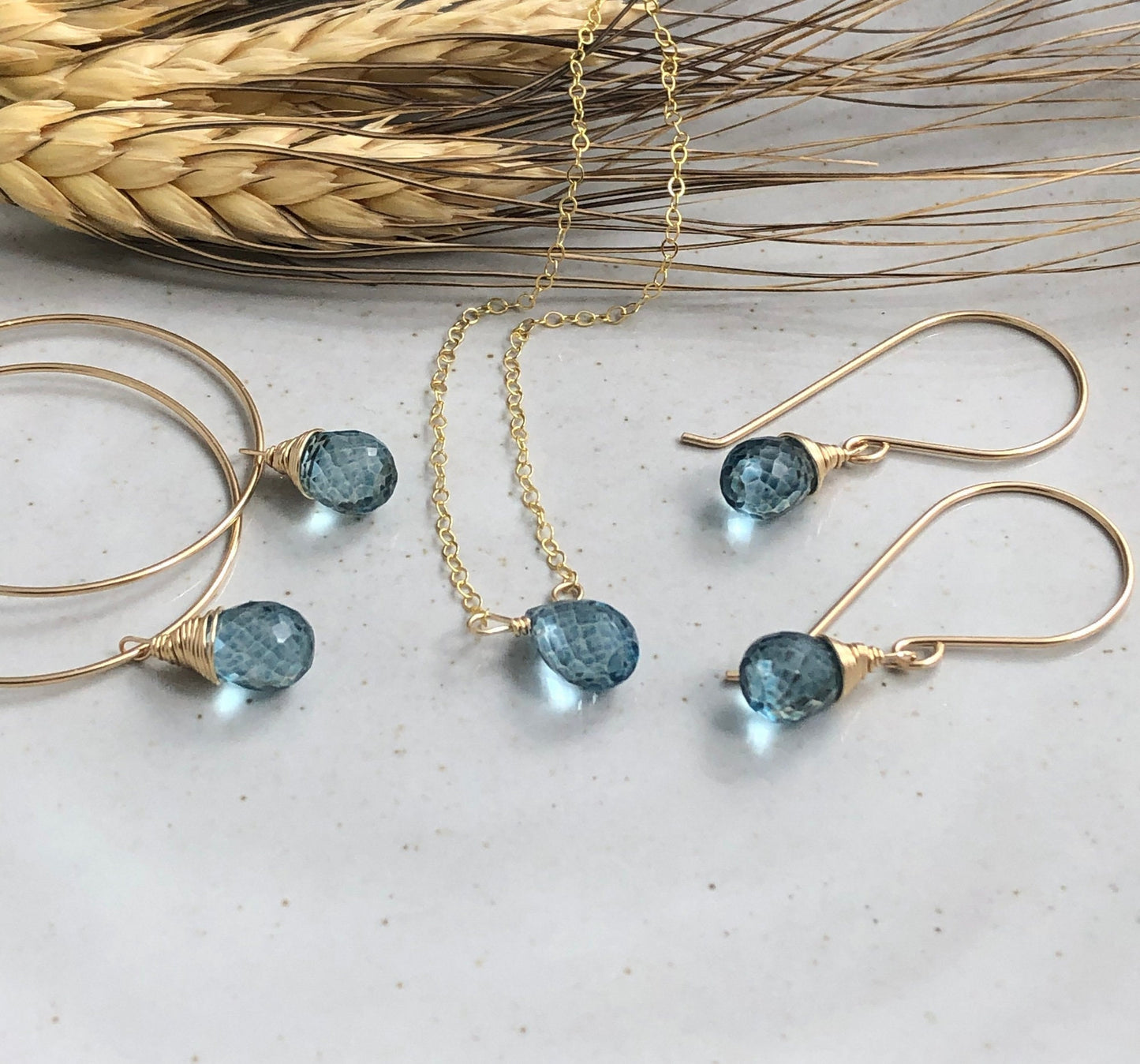 Earrings with London Blue Quartz Teardrops Wire Wrapped with 14k Gold-Filled Wire on 14k Gold Filled Hoops GCHE-51
