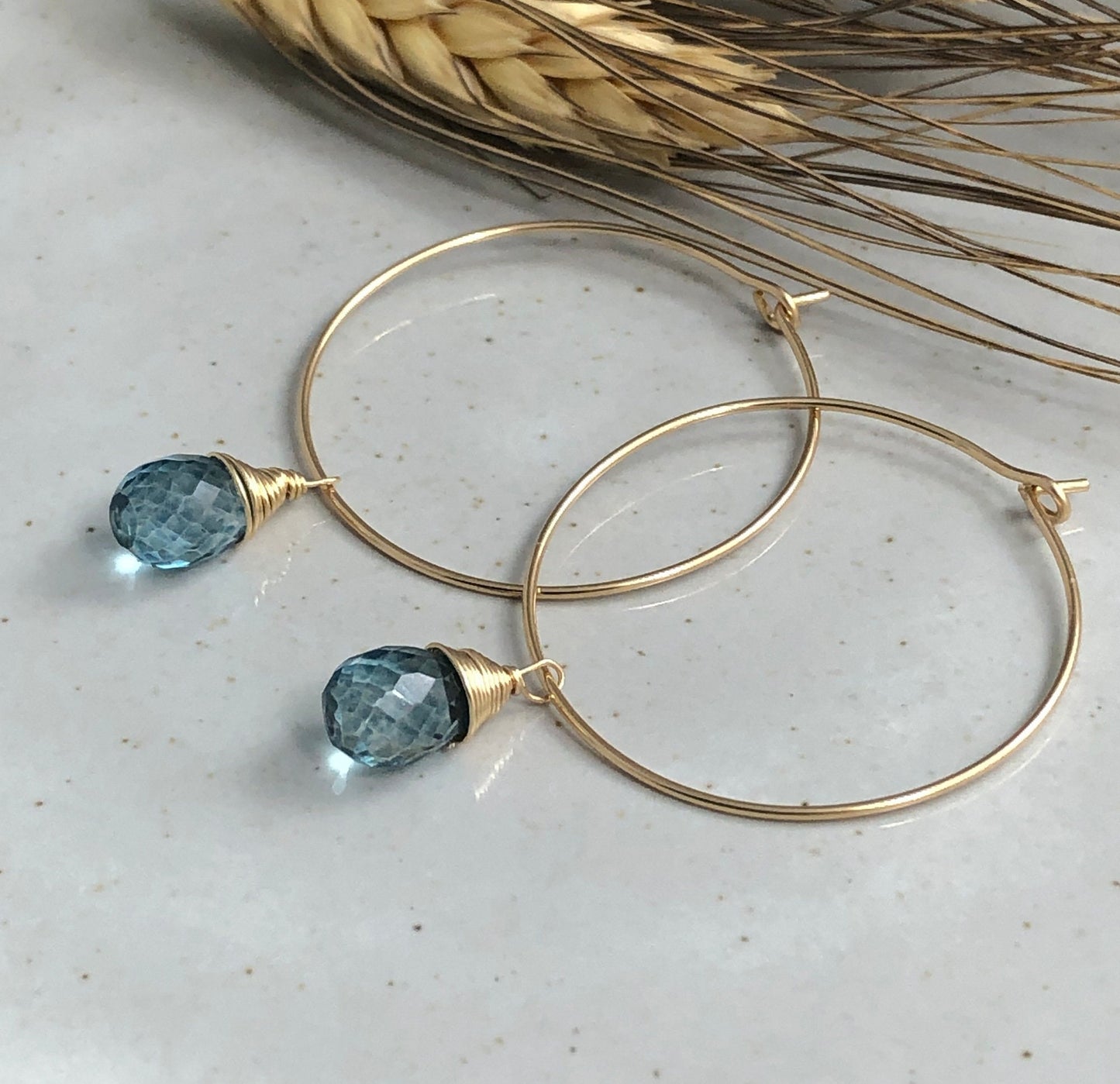 Earrings with London Blue Quartz Teardrops Wire Wrapped with 14k Gold-Filled Wire on 14k Gold Filled Hoops GCHE-51