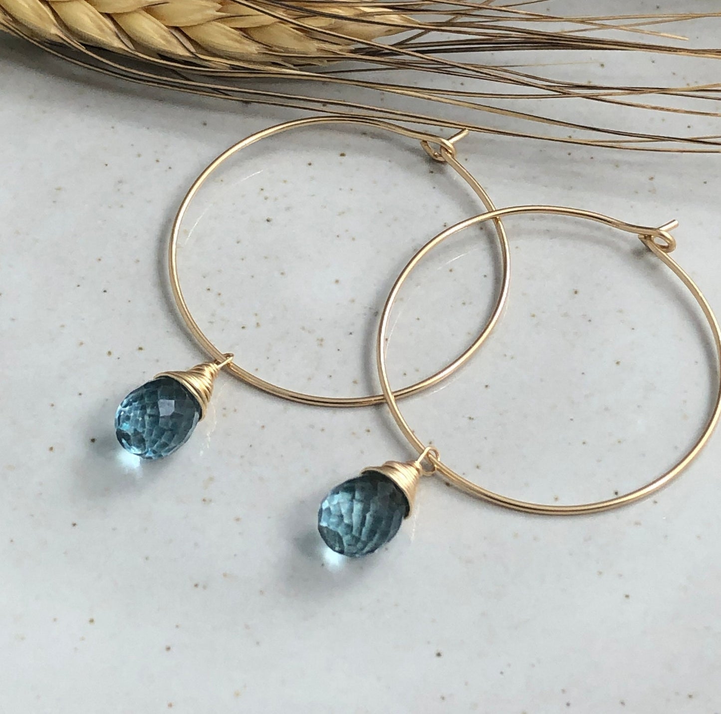 Earrings with London Blue Quartz Teardrops Wire Wrapped with 14k Gold-Filled Wire on 14k Gold Filled Hoops GCHE-51