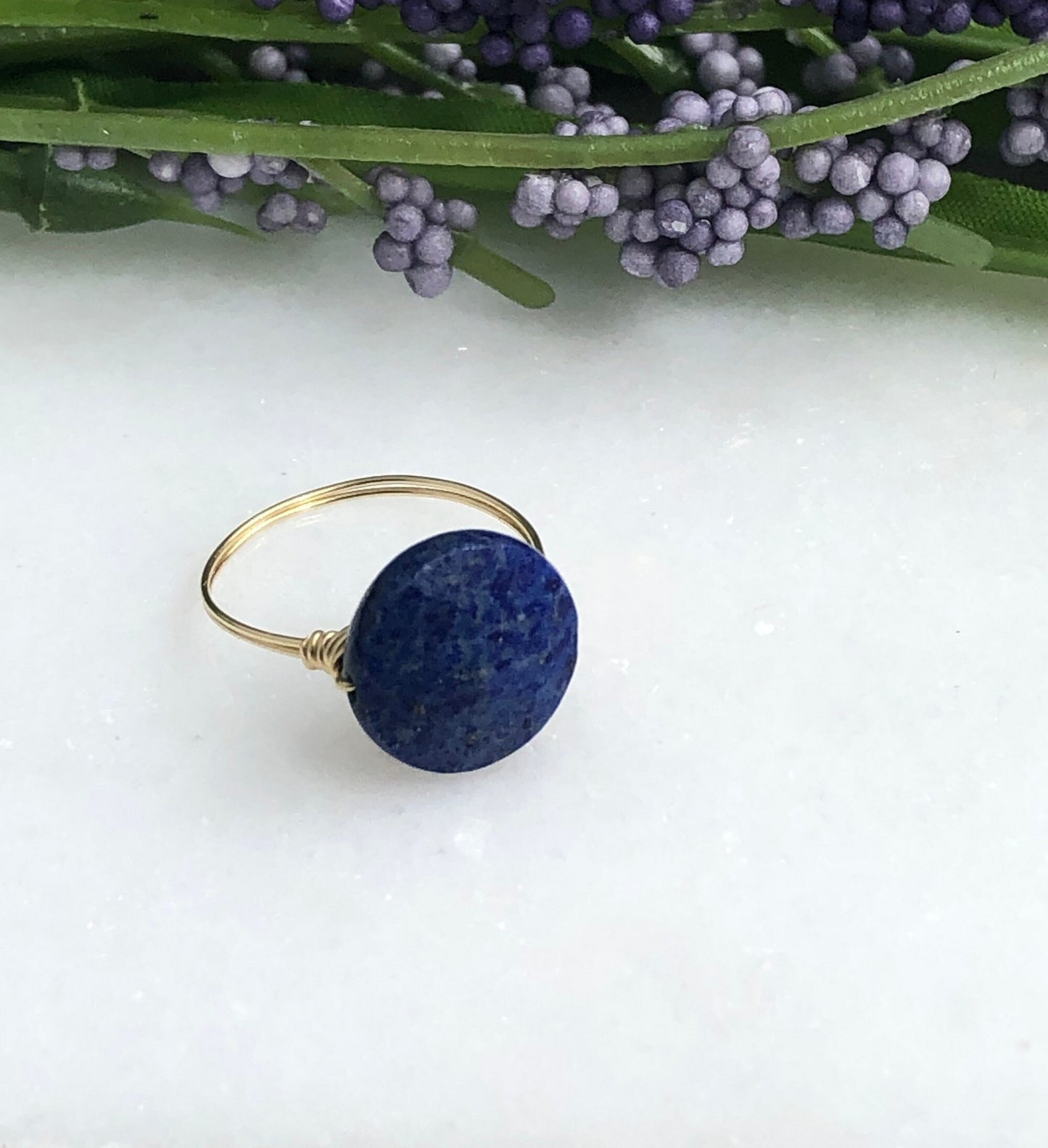 14k Gold Filled Wire Wrapped Ring with a Single, Flat, Round Lapis Lazuli GR-6