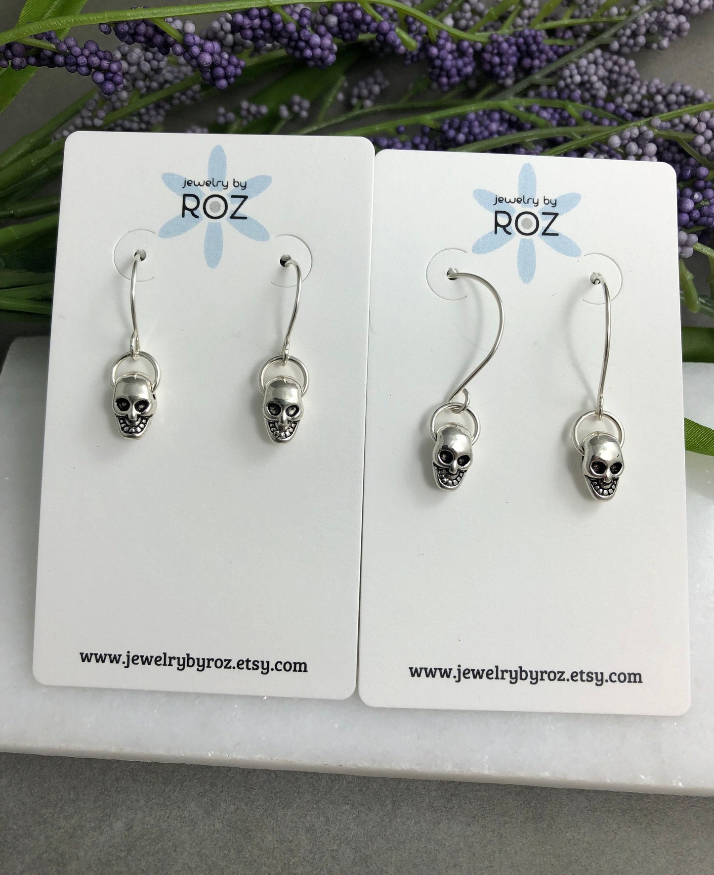 Earrings with Small Metal Skulls on Handmade Sterling Silver Earring Wires HE-449