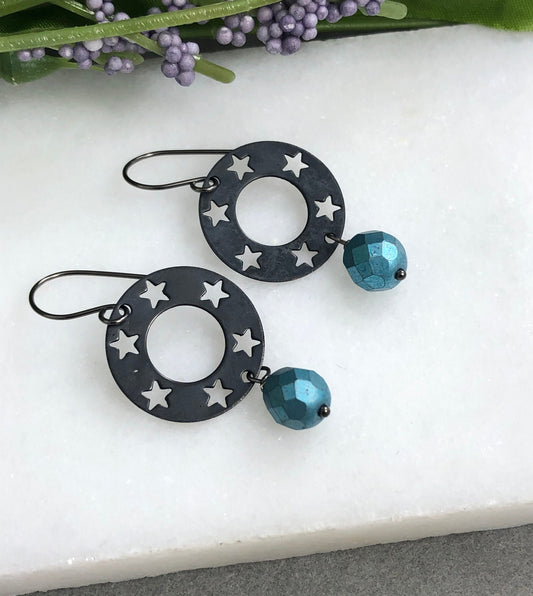 Earrings Made with Oxidized, Sterling Silver Wire, Oxidzied Brass Star Circles and Blue Czech Glass SBRE-15