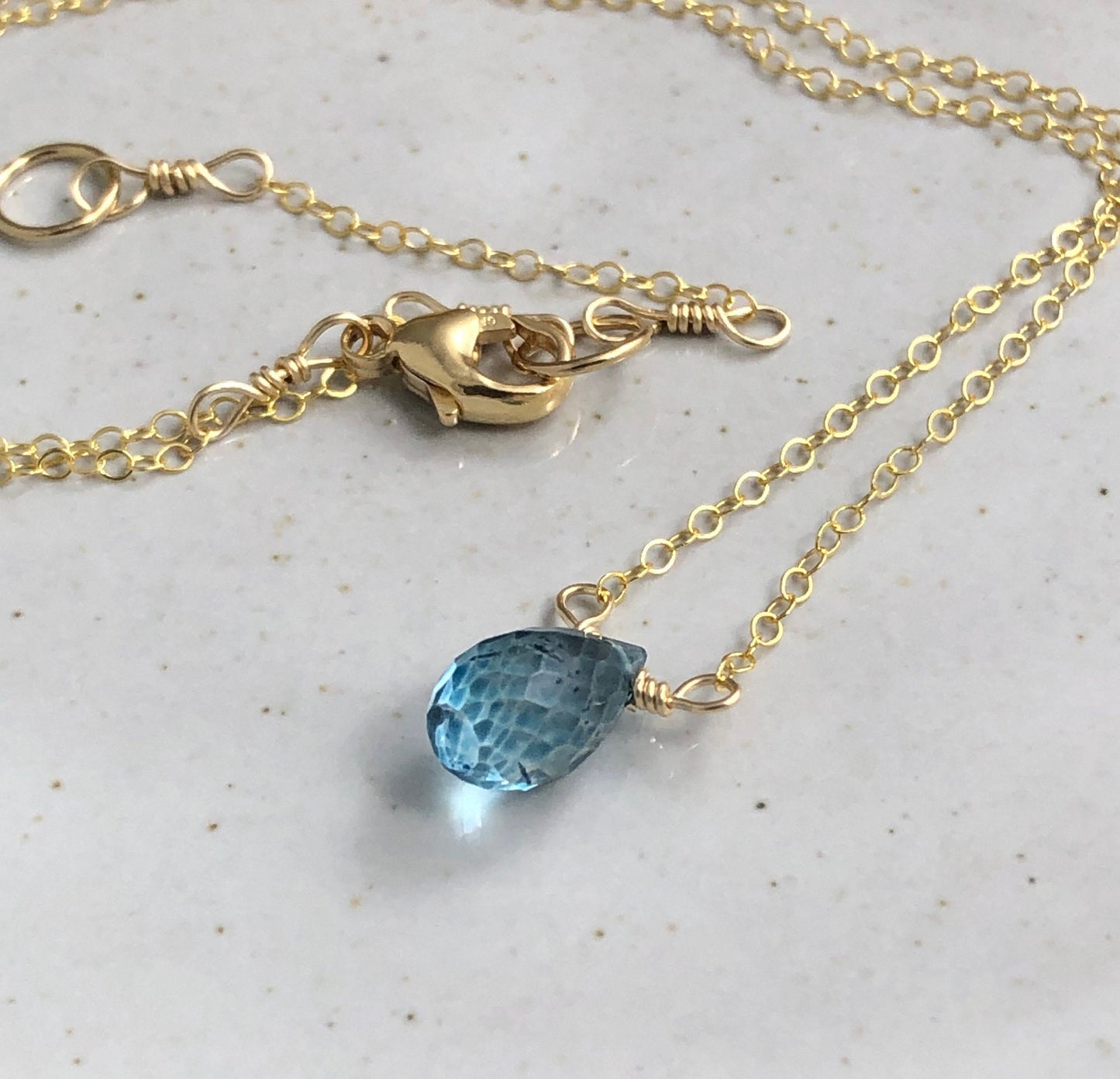 Necklace with a London Blue Quartz, Faceted Teardrop on a Gold Filled Chain GCDN-128