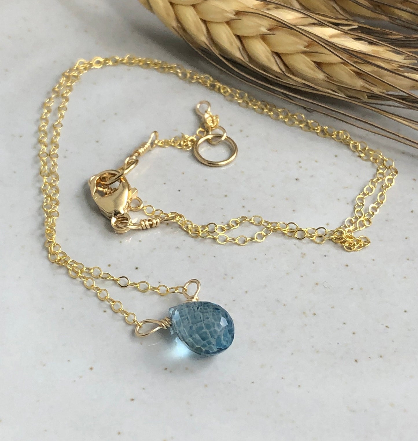 Necklace with a London Blue Quartz, Faceted Teardrop on a Gold Filled Chain GCDN-128